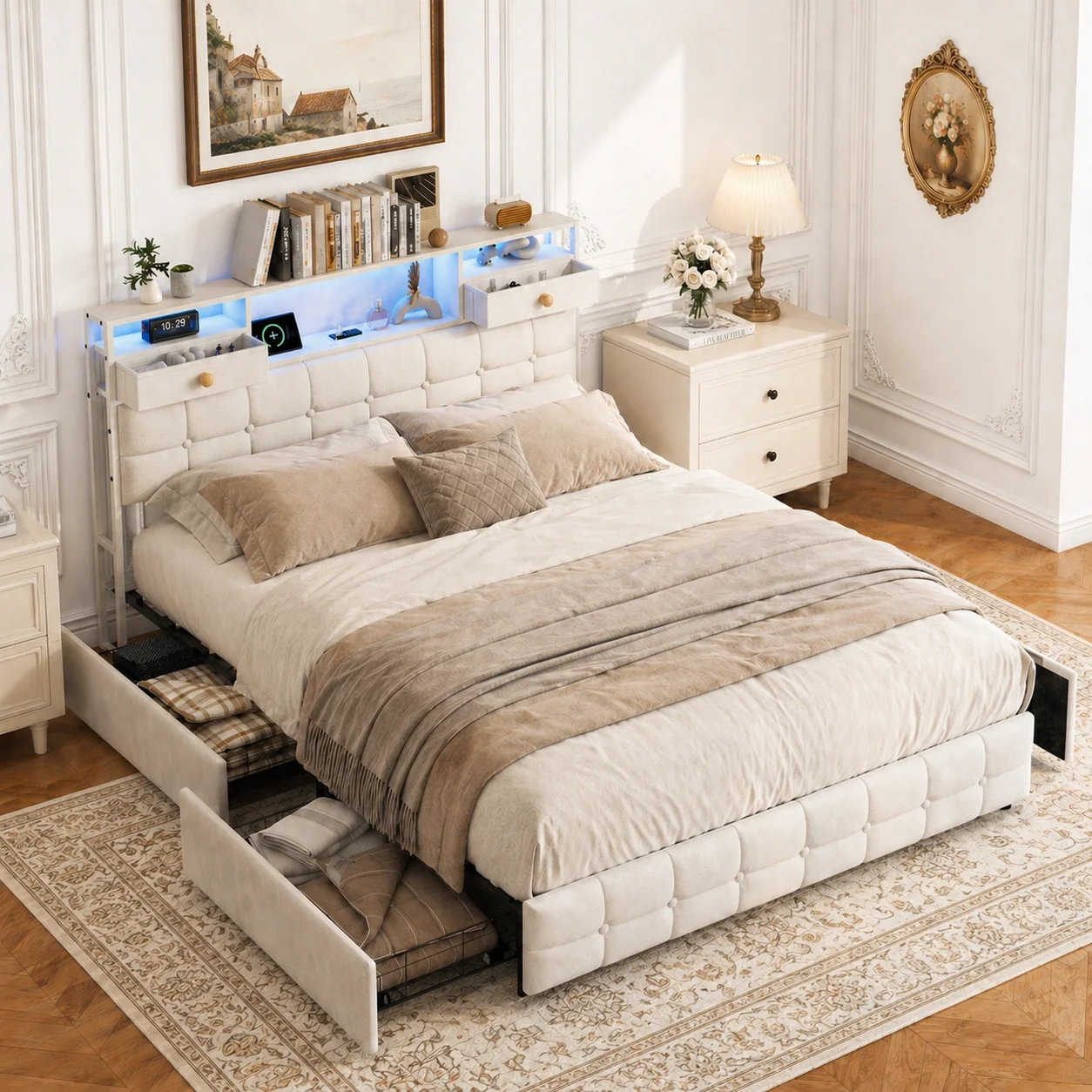 Bett 140x200 mit Stauraum, Polsterbett mit Kopfteil und 6 Schubladen, Doppelbett mit Lattenrost, Stauraumbett Jugendbett Funktionsbett Bettgestell Samt ohne Matratze Schlafzimmer Möbel platzsparend Image