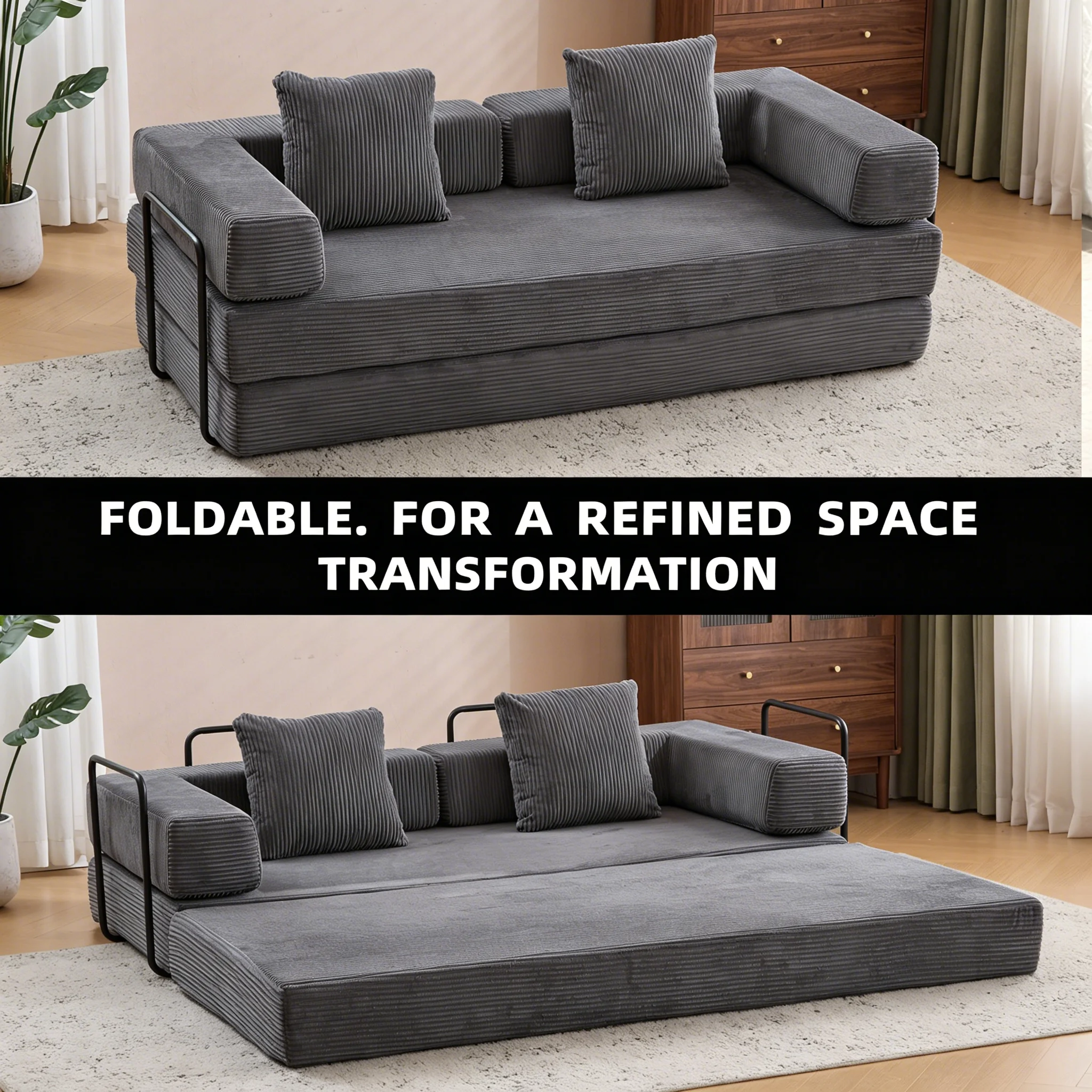 Konvertierbares Cord-Schlafsofa, klappbares Futon-Sofa, platzsparendes Bodensofa ohne Montage für kleine Wohnungen, Wohnzimmer, Büro, Gästebett, Lazy Lounge Chair mit weicher Schaumstoffpolsterung