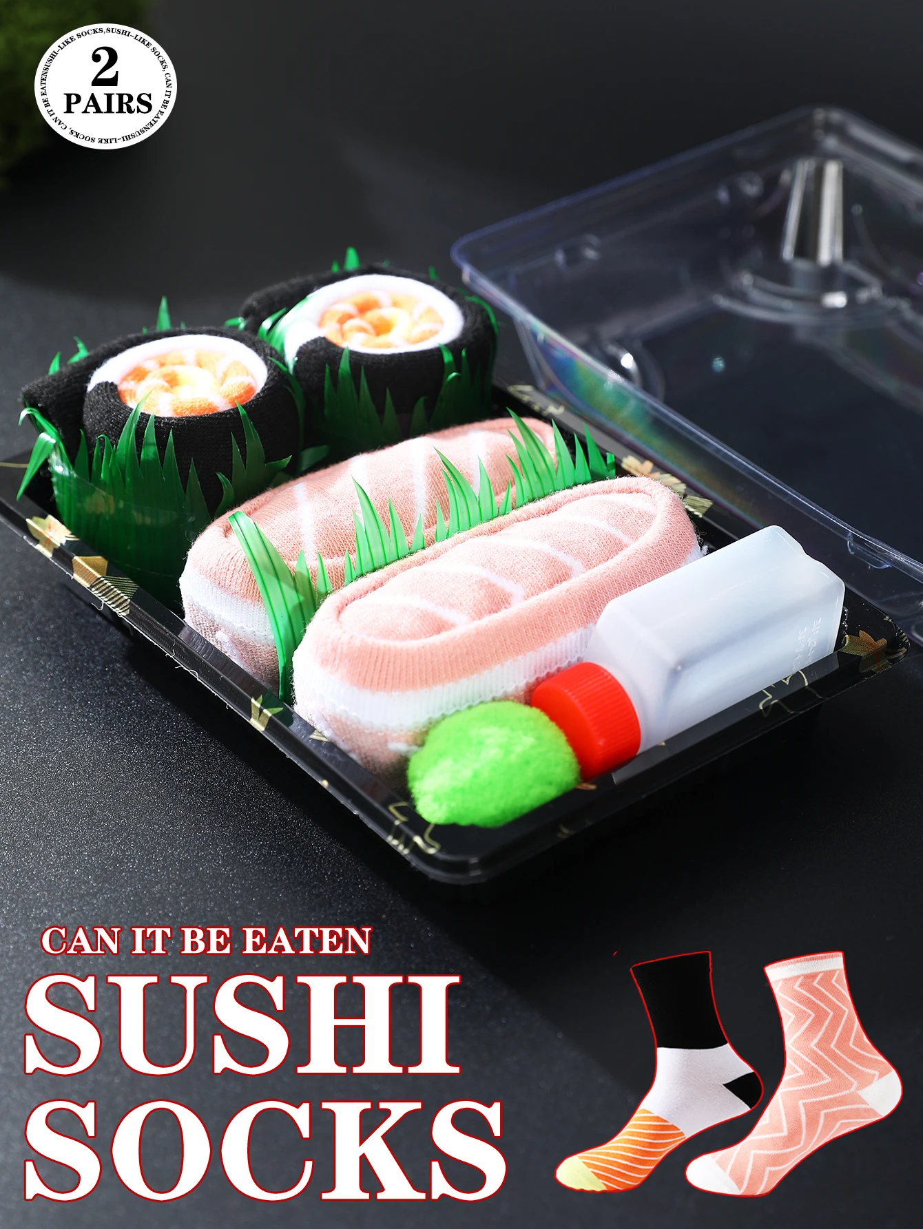 2 Paar Unisex-Socken in der Mitte der Wade im Lachs-Sushi-Design, ein neuartiges und kreatives praktisches Geschenk, das für den Urlaub Spaß macht. Image