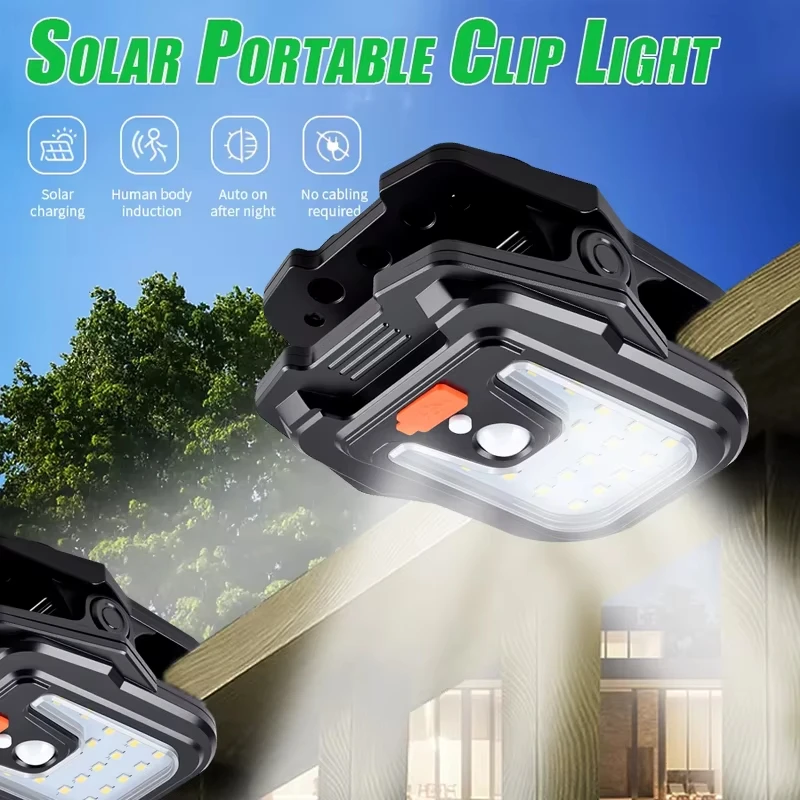 Lampe solaire portable à clip pour l'extérieur, lampe à induction multifonctionnelle, lampe murale, lampe de cour, lampe de camping, lampe de travail
