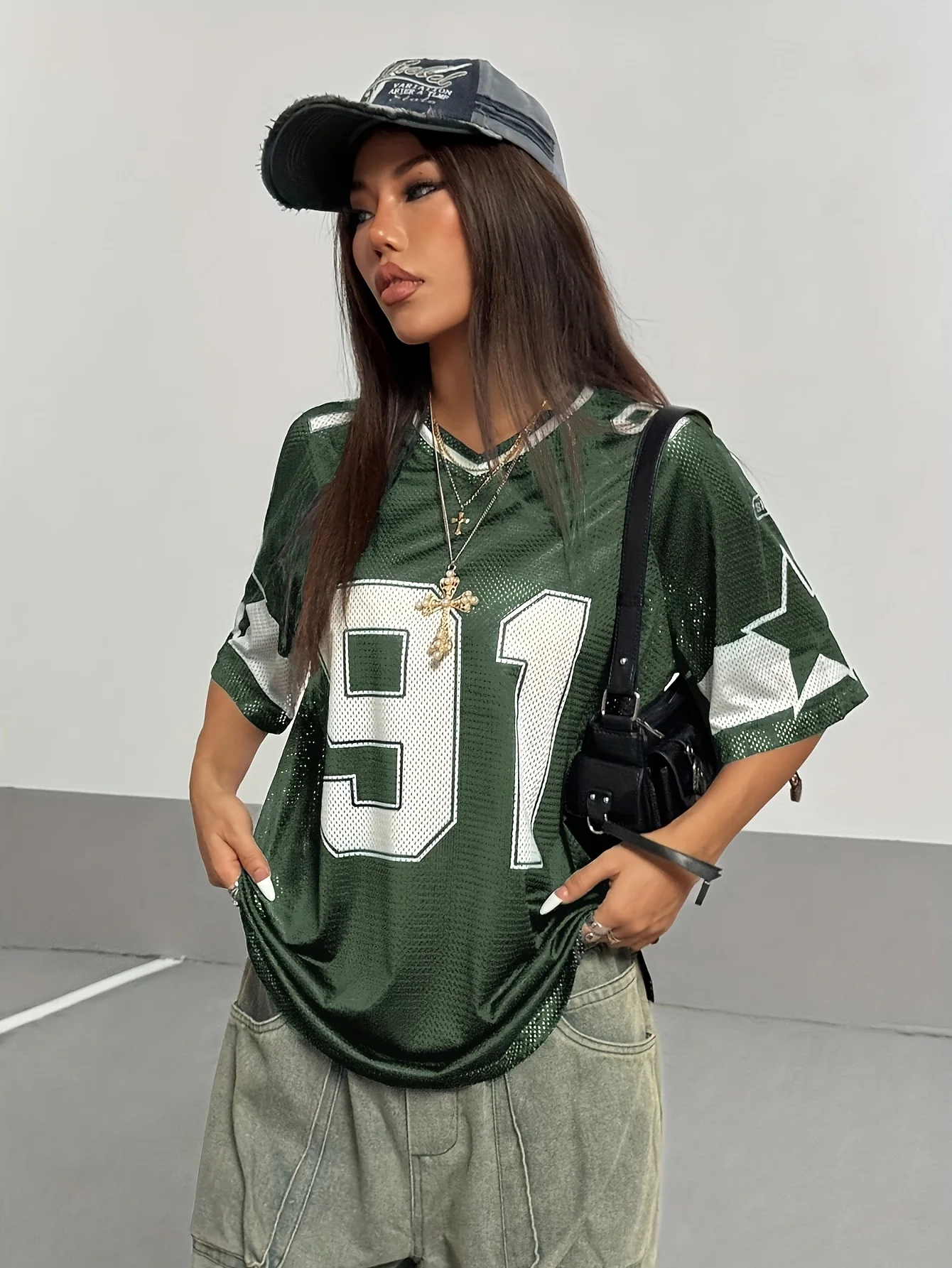 Damen-T-Shirt mit 91-Nummer-Stern-Mesh-Print, Sommer, Kurzarm, locker sitzend, atmungsaktiv, Streetwear, sportliches Grafik-T-Shirt für den Alltag Image