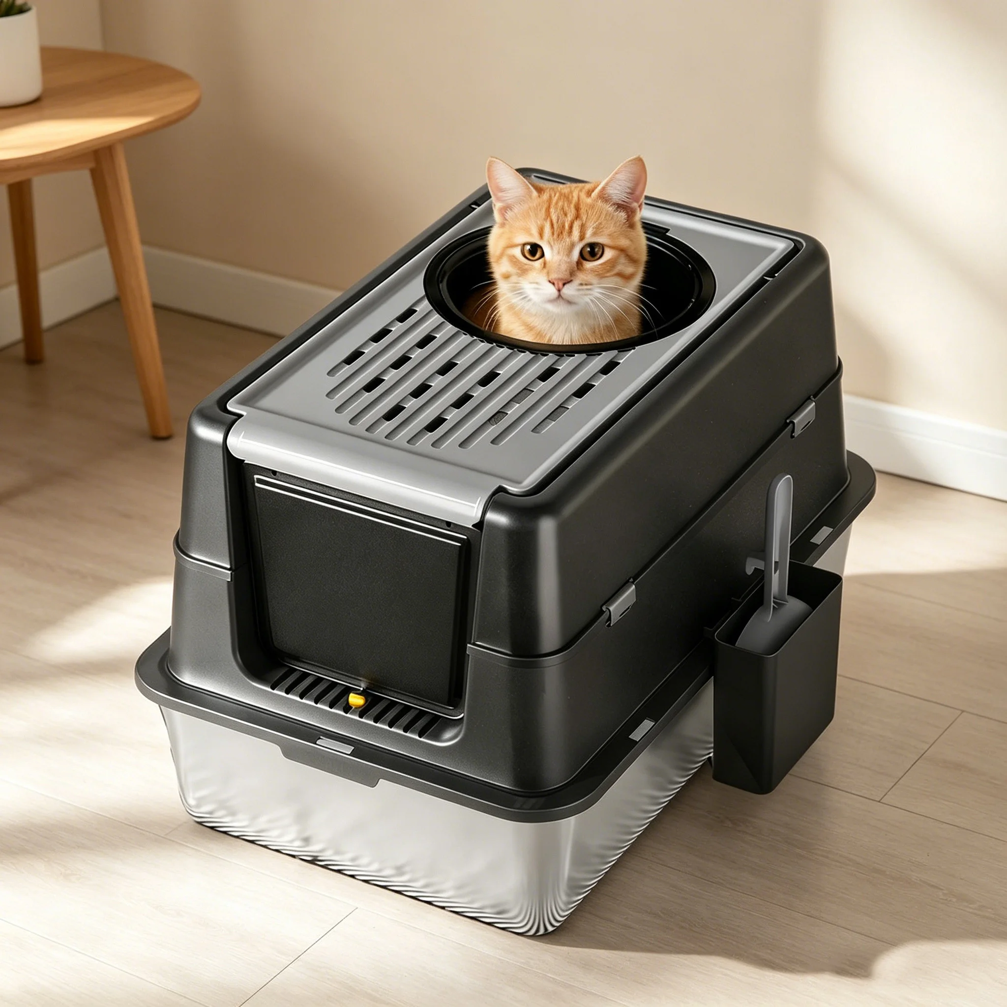 Geruchsresistente Katzentoilette mit zwei Eingängen – große, markierungsfreie Stahlausführung, abgedeckt, zusammenklappbarer Deckel, leicht zu reinigen, markierungssicher, ideal für mehrere oder große Image