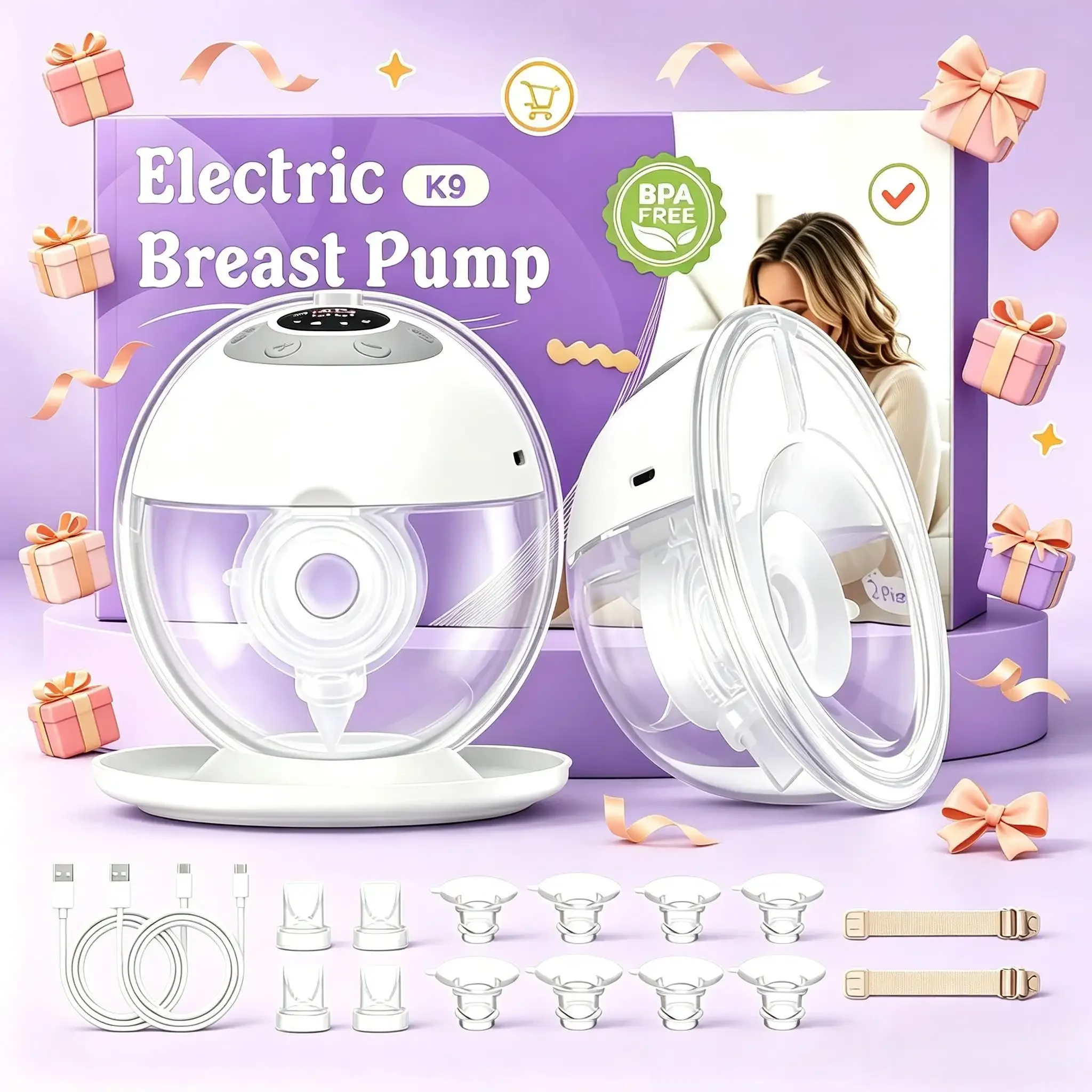 Elektrische Milchpumpe, freihändig, 4 Modi & 12 Stufen, schmerzfrei, BPA-frei, Milchsammler mit 17/19/21/24 mm Flansch Image