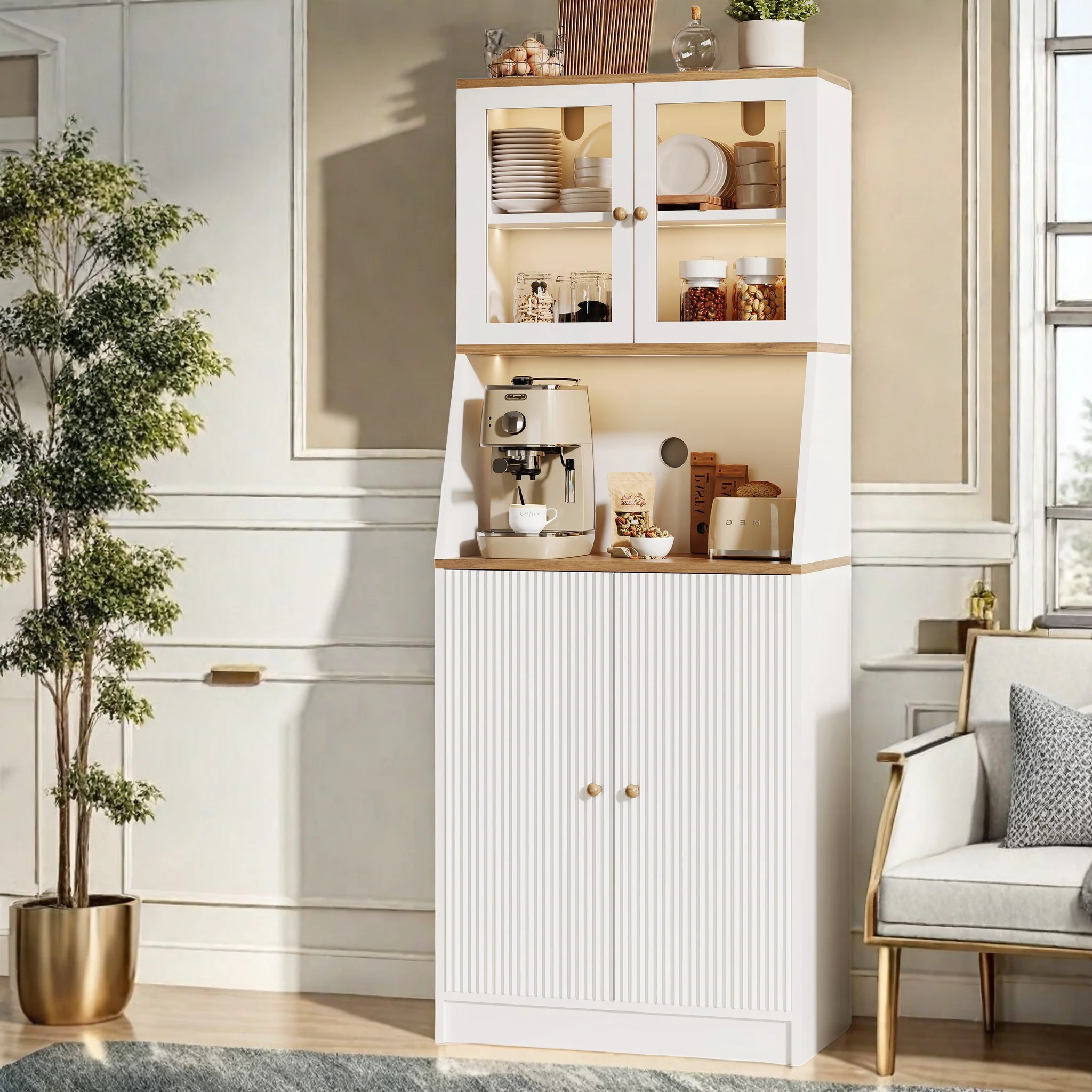 Mobile da cucina con illuminazione a LED, credenza con 2 ante in vetro, mobile da cucina alto con piano di lavoro, credenza da cucina con ripiani e armadietti regolabili, mobili da cucina, madia per
