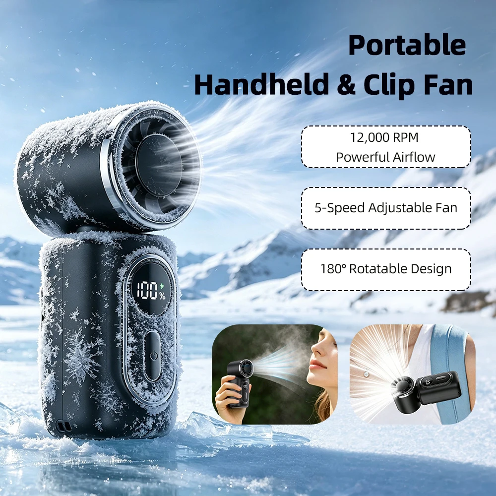 Tragbarer Mini-Handventilator mit hoher Geschwindigkeit, geräuscharm, 5 Geschwindigkeitsstufen, Clip-On-Design, Taschenventilator für Outdoor, Reisen, Camping, Pendeln. Image