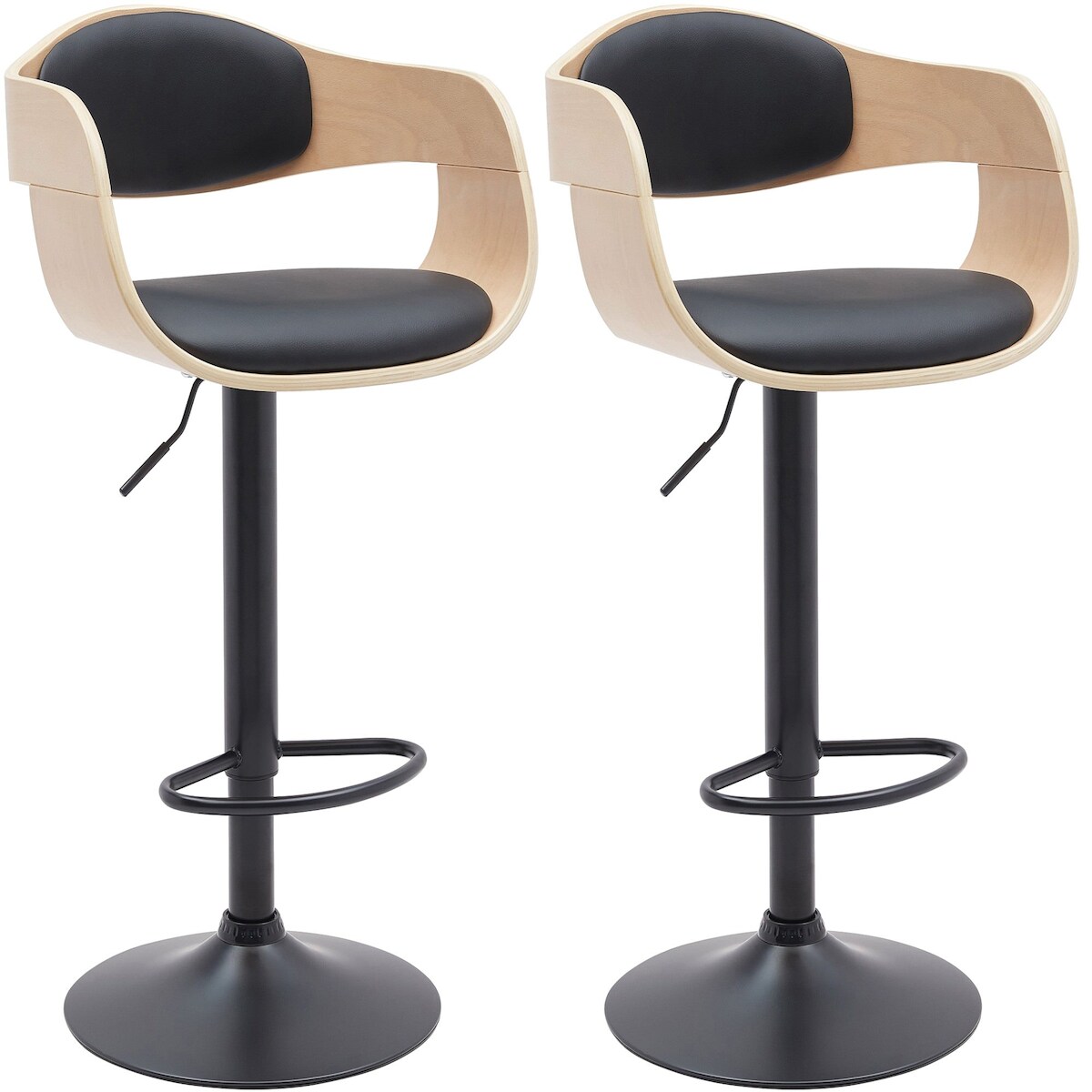 Décoshop26 - Set aus 2 Barhockern Hochstühlen mit schwarzen Metall-Trompetenbeinen und Sitzen aus hellem Holz und schwarzem TDB10763 Image