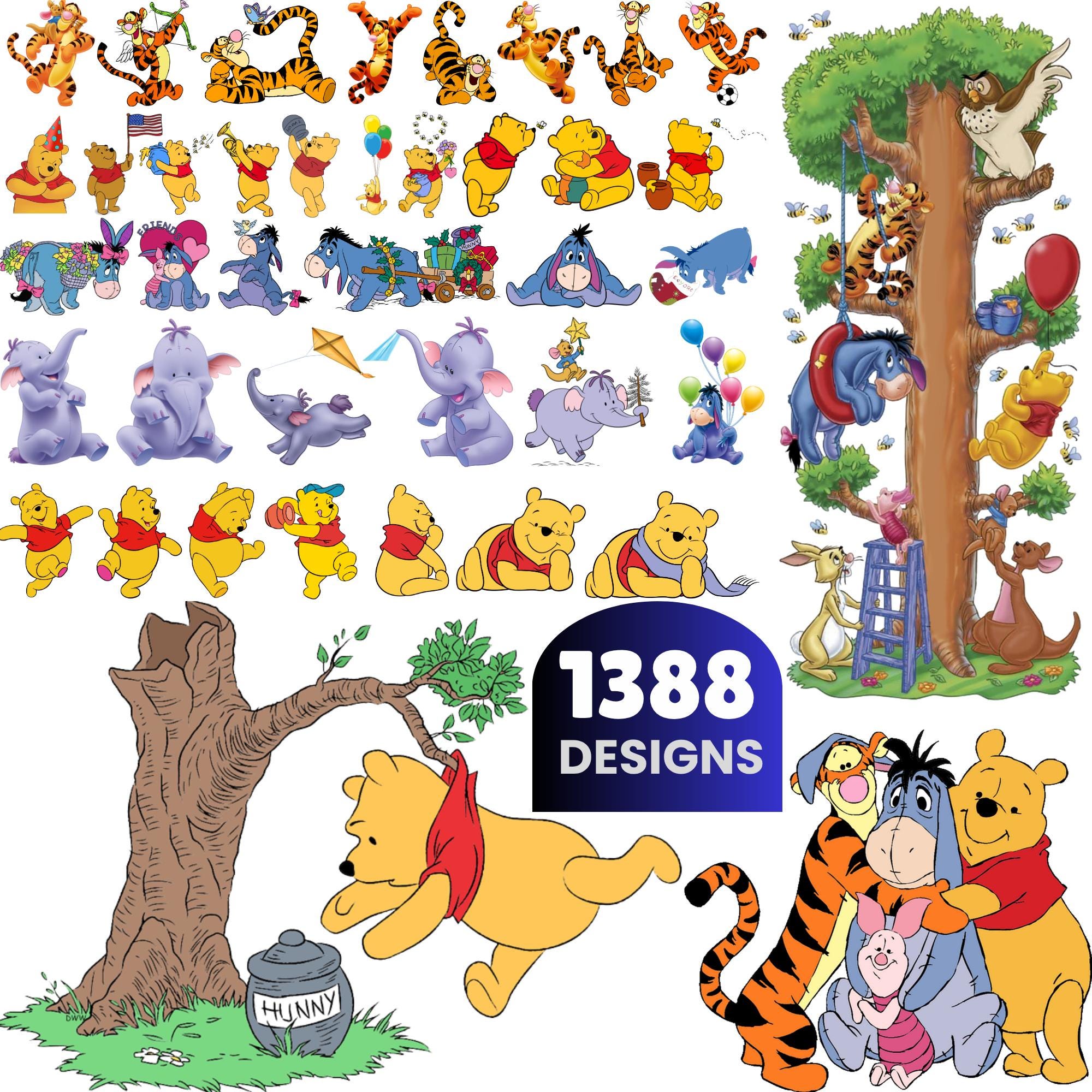 Winnie the Pooh SVG PNG Clipart Bundle, Winnie the Pooh png, Winnie the Pooh svg, inviti di compleanno di Winnie the Pooh, Eeyore Pimpi Tigro