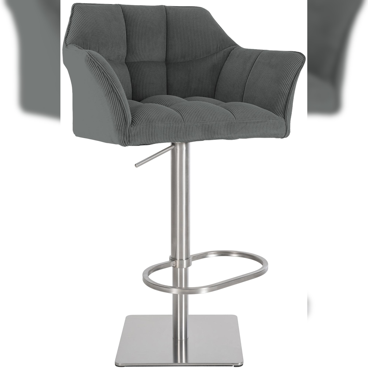 Décoshop26 - Verstellbarer Barhocker x1 in grauem Cord mit gepolsterter umlaufender Sitzfläche und quadratischem Edelstahlfuß 10_0006125 Image