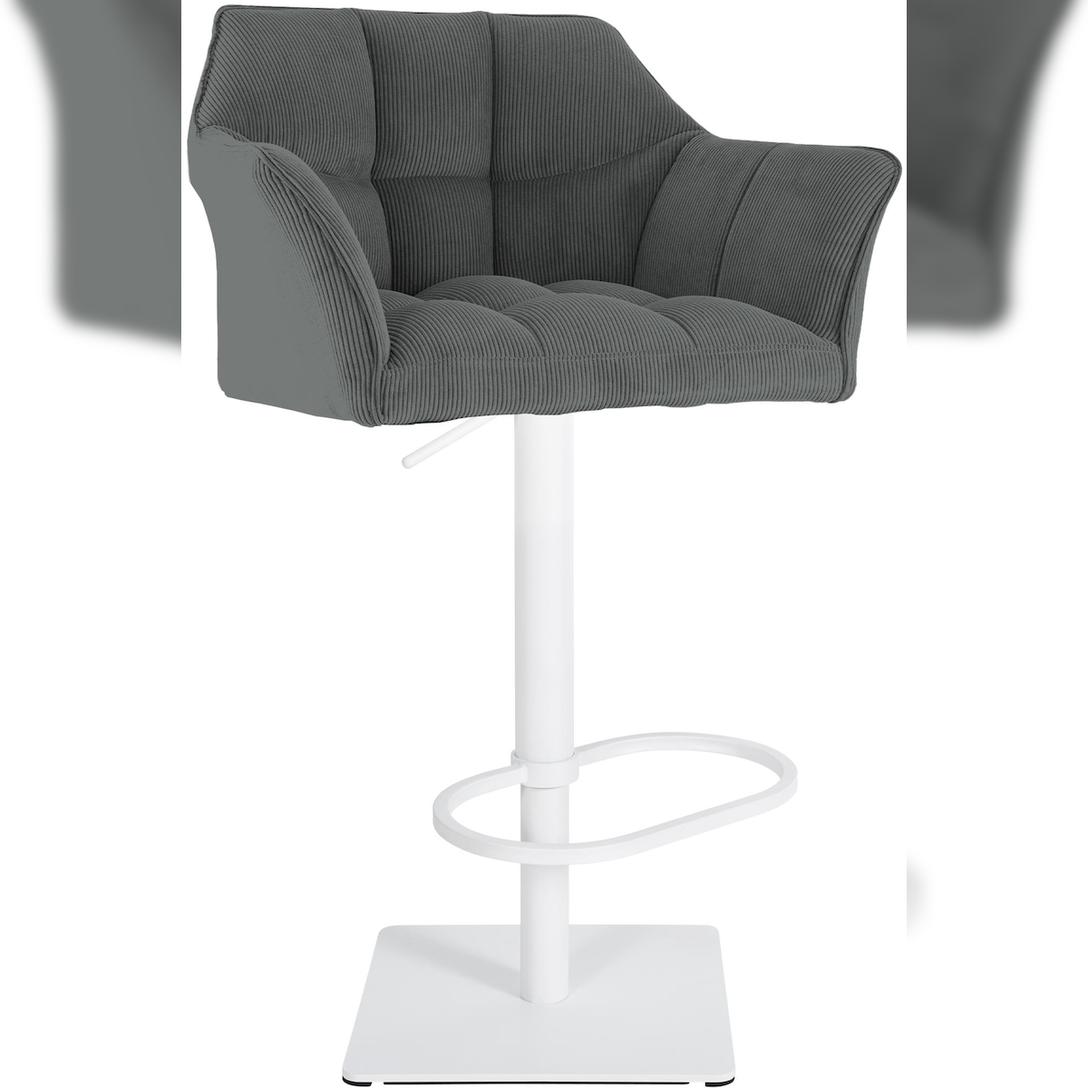 Décoshop26 - Verstellbarer Barhocker x1 aus grauem Cord mit gepolsterter umlaufender Sitzfläche und weißem quadratischem Metallfuß 10_0006306 Image