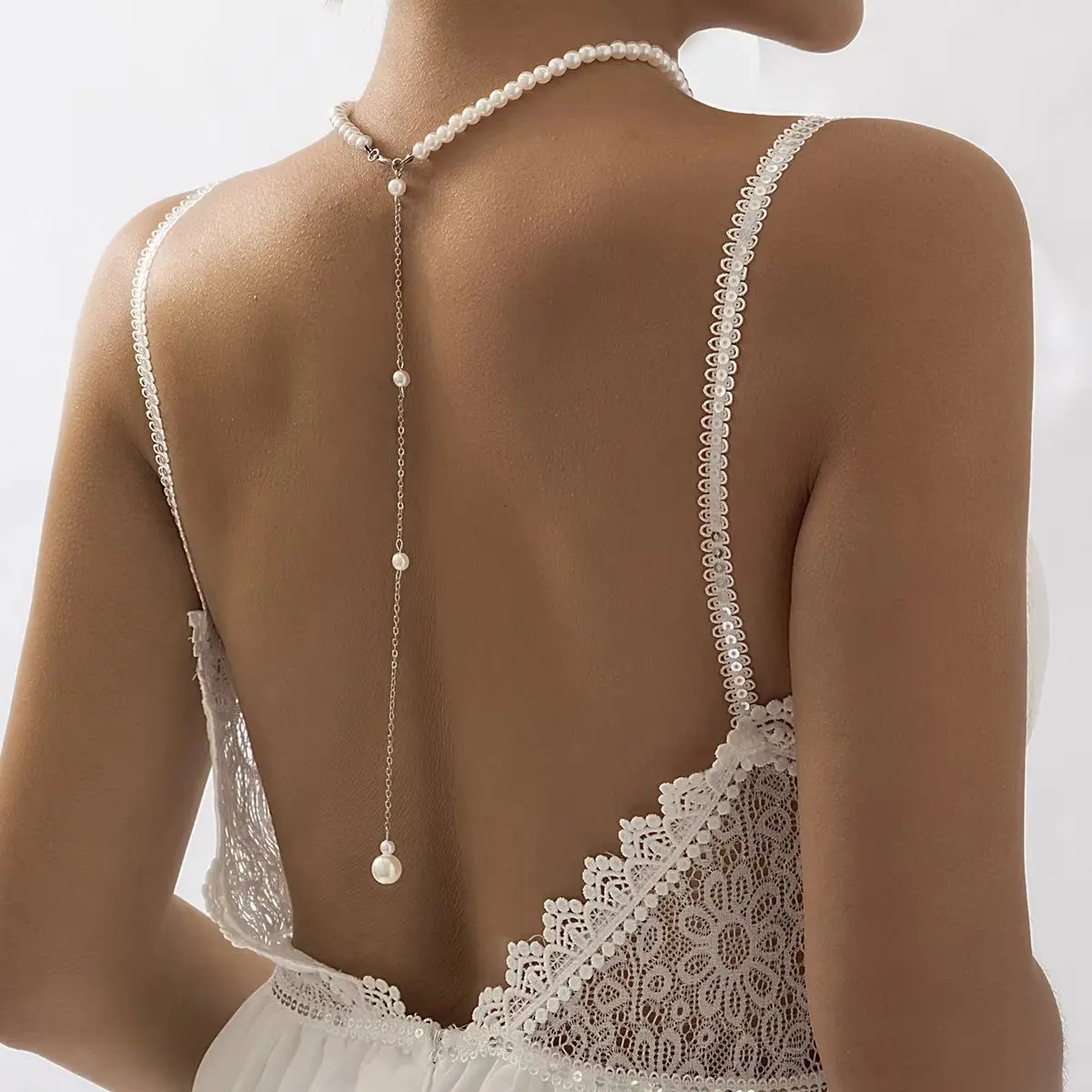 Vintage Elegante Simulierte Perlen Halskette für Damen, Lange Kette mit Quastenanhänger, Hochzeitsschmuck, Bikini-Brustkette Image