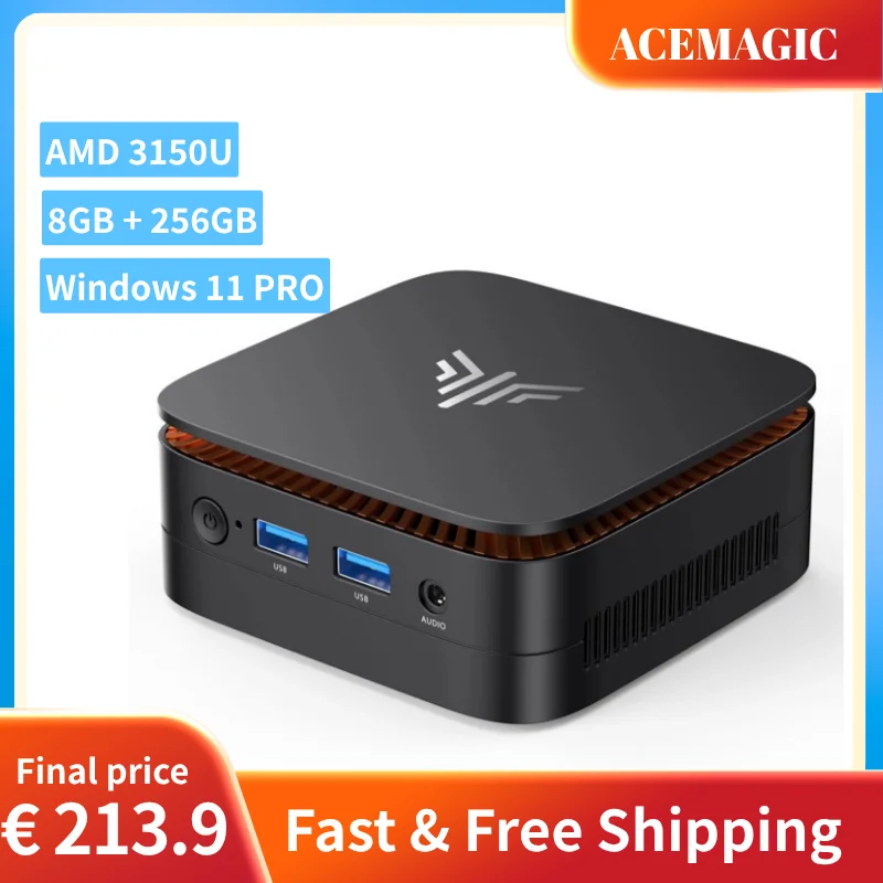 ACEMAGIC Mini-PC AMD 3150U (2C/4T bis zu 3,3GHz) 8GB DDR4 256GB SSD Windows 11 Pro, Dual 4K HDMI+DP Ausgang Kleiner Desktop-Computer Image