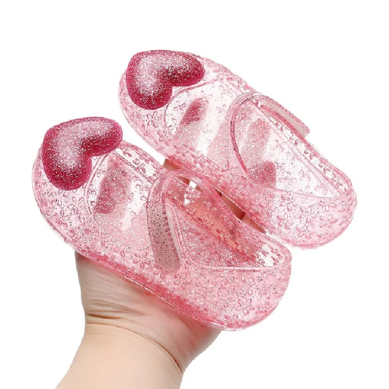 Lovisa Jelly Sandalen Rosa Glitzer Transparent Geschlossene Zehenpartie Weiche Sohle Atmungsaktiv Herz-Dekor Sommer Outdoor Casual Prinzessinnen-Schuhe