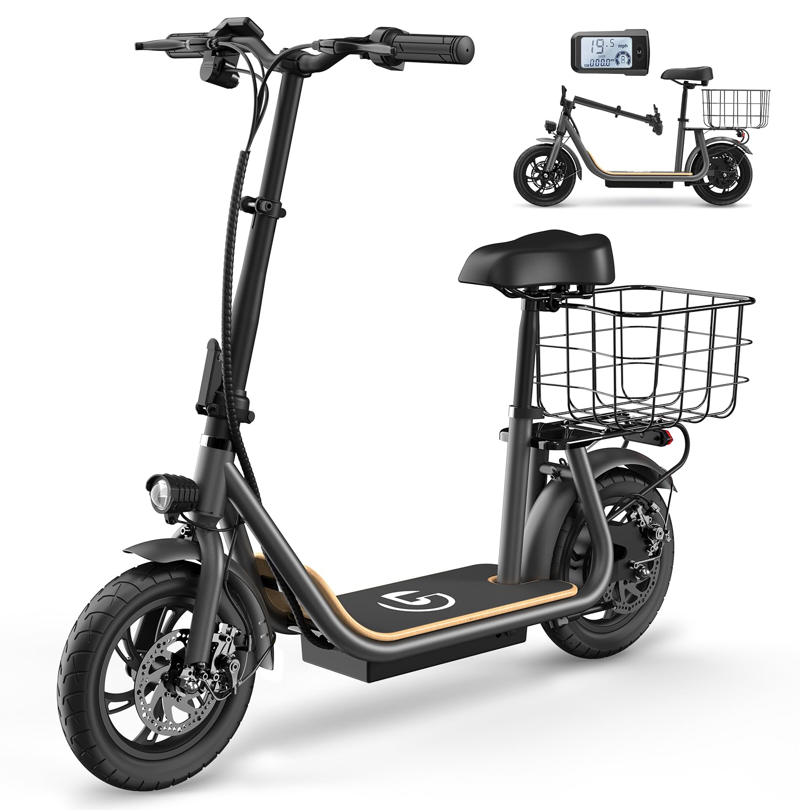 Garvee Electric Scooter for Adults, 12" Fat Tire Foldable Electric Bike with Seat and Basket, 450W Brushless Motor, Dual Brake System, 265lbs Max...