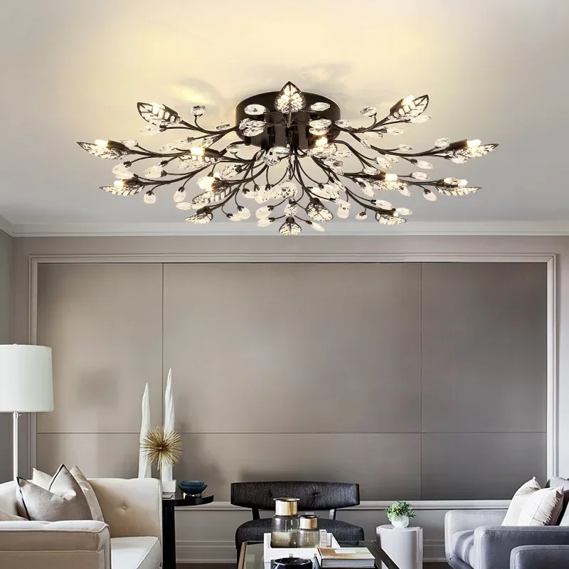 Moderne Kristall-Deckenleuchte für Wohnzimmer Schlafzimmer Schwarz-Gold Blätter LED-Deckenlampe Nordische Lamparas De Techo Leuchten G4