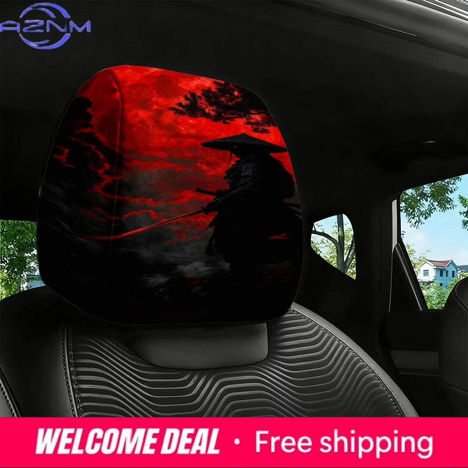 Auto-Kopfstützenbezug mit Samurai-Silhouetten-Aufdruck, universelle Passform, Sitzschutzbezug Image