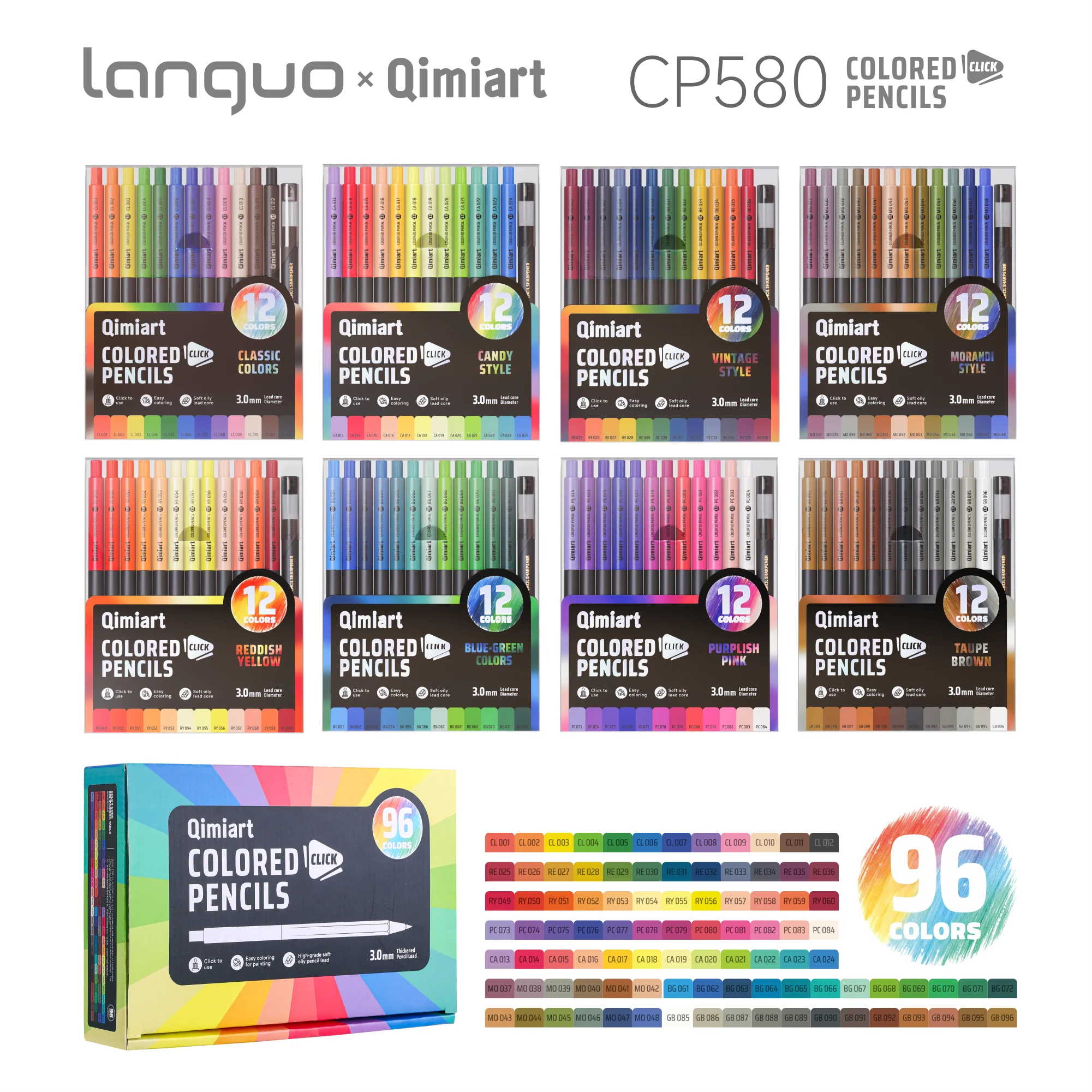 Languo 12-96 Farben Malstift-Set, Druckbleistift 3,0mm Weichkern Öl für Skizzieren, Zeichnen, Malbücher, Schulbedarf Image