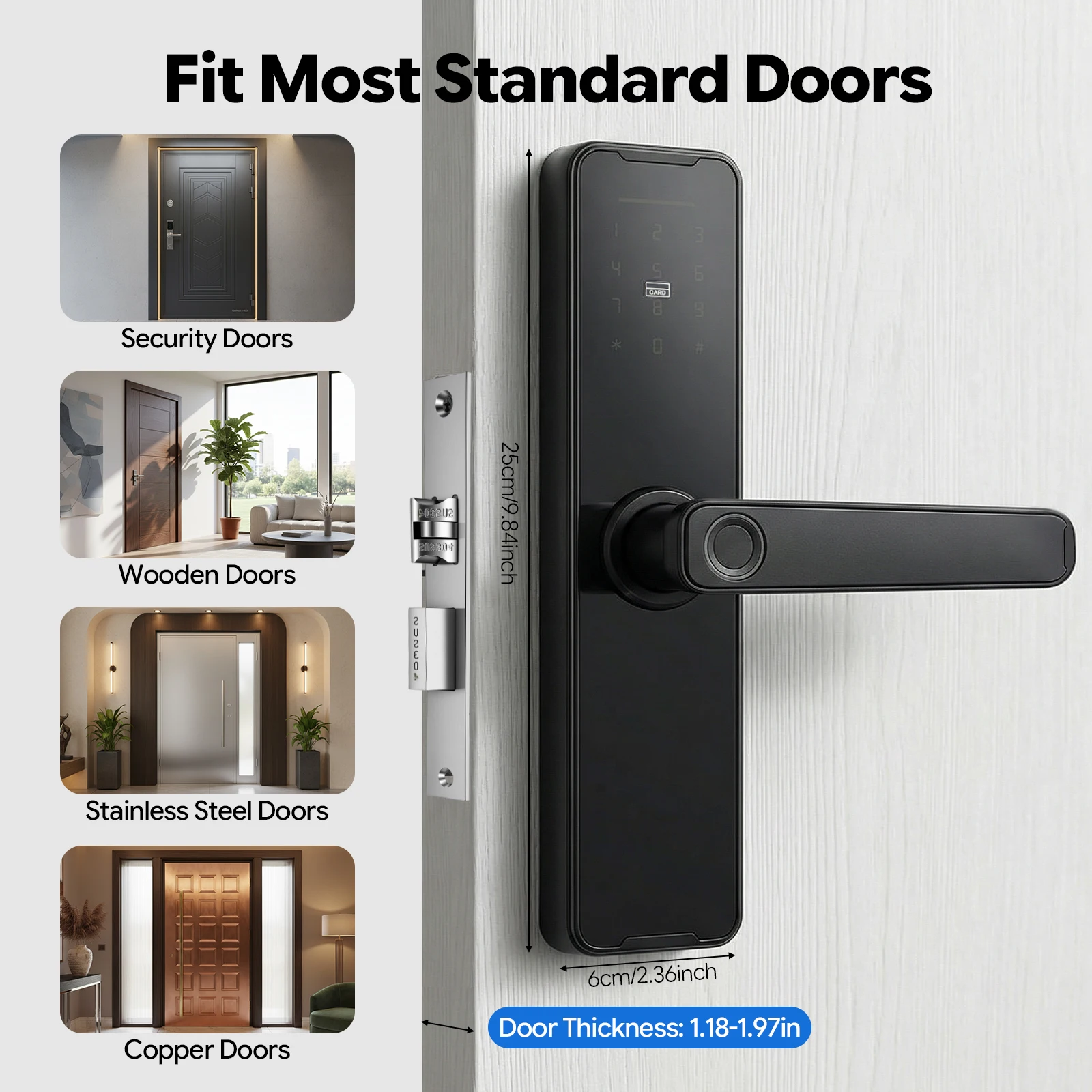Schwarzes Smart-Türschloss, 5 Entsperrmethoden (Fingerabdruck/Passwort/Karte/Schlüssel/Temporär), Kapazität für 50 Fingerabdrücke & 100 Passwörter, Aluminiumlegierung, TUYA APP WiFi-Fernbedienung,