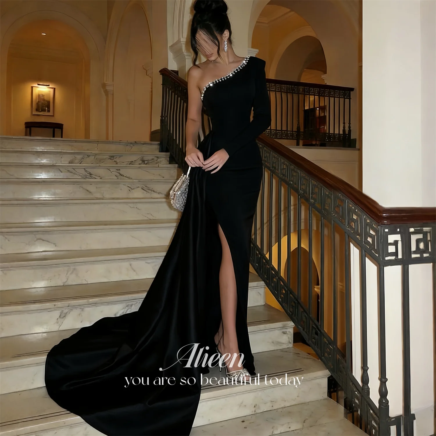 Aileen Luxury Black Beading Satin Mermaid Evening Dress One-Shoulder Full Sleeve Floor Length Prom Dress Gowns Customized