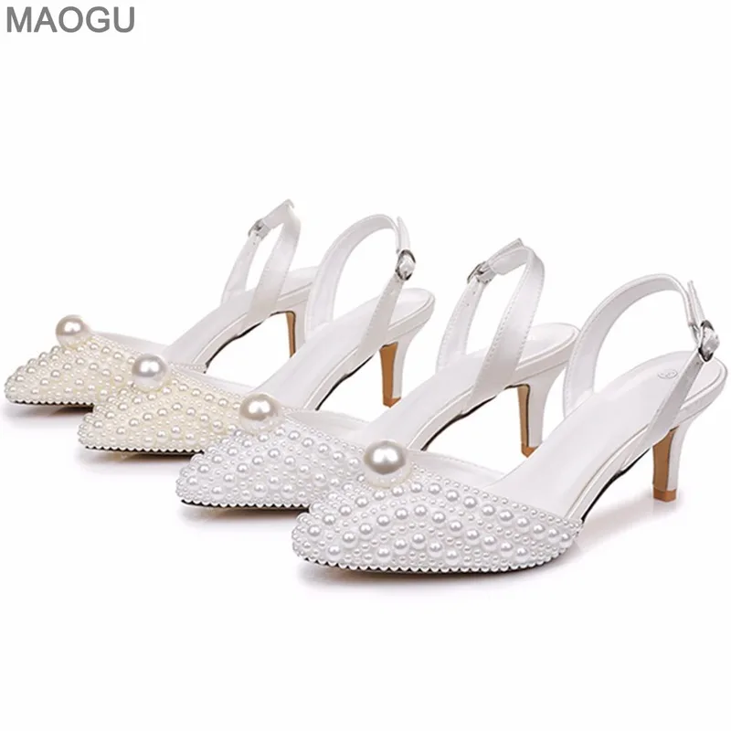 Spitz Perlen Dekore Damen Weiß Hochzeit Party Kleid Schuhe Elegante High Heels Braut Sandalen Beige Zapatos De Mujer Größe 35
