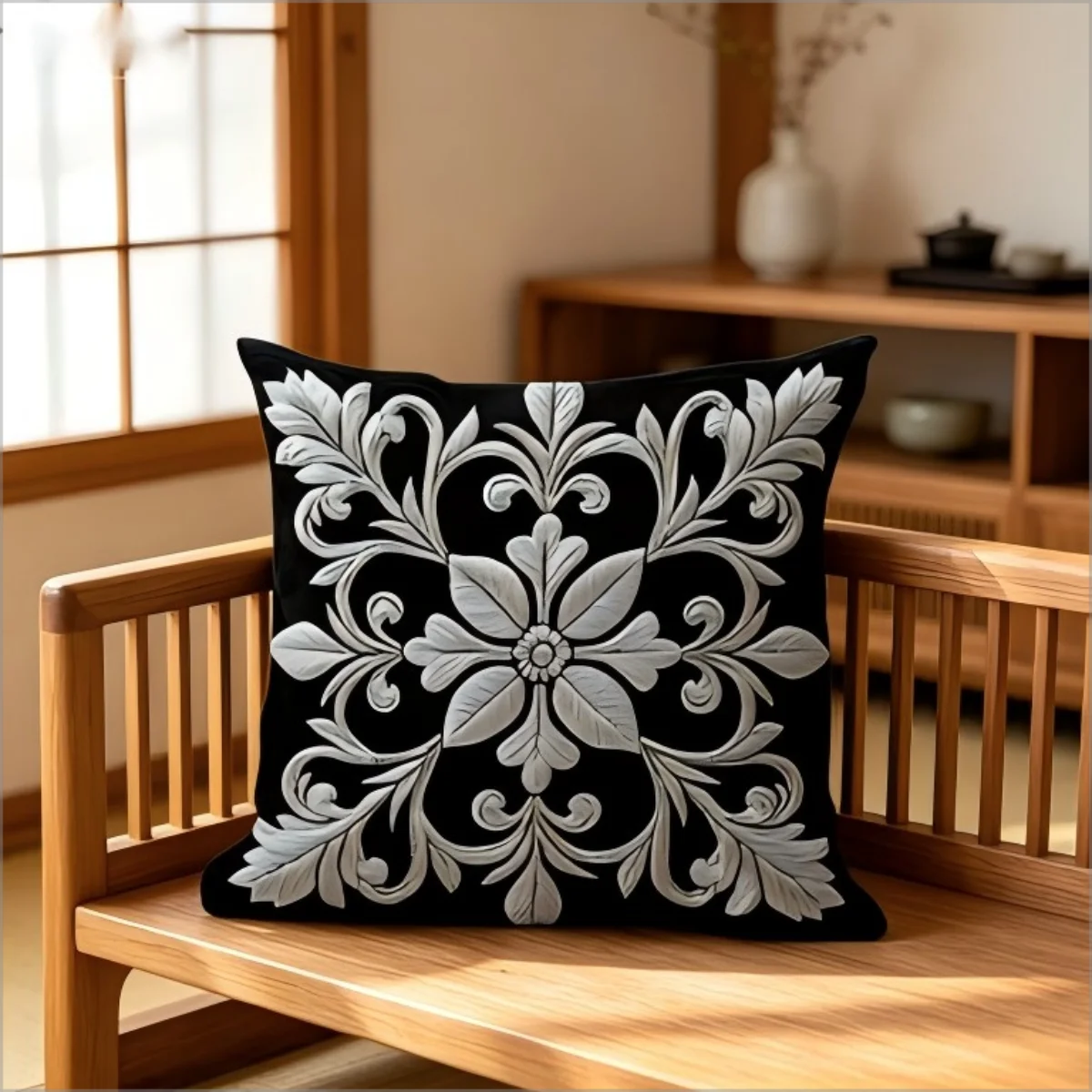 Schwarz-Silberner Damast-Kissenbezug mit 2D-Kunststickerei-Druck, Vintage-Blumenmuster, Eleganter Kissenbezug für Sofa, Bett und Couch Image