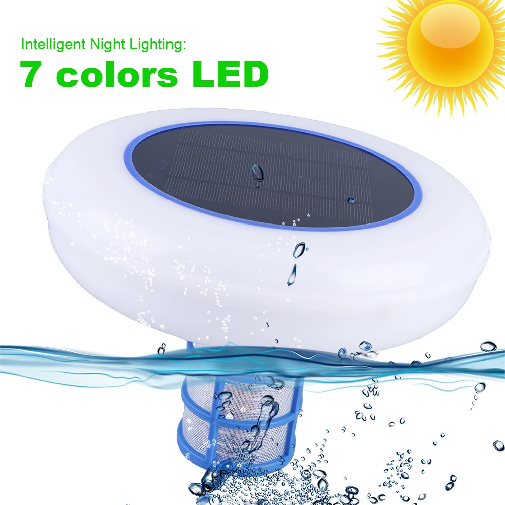 Ioniseur de piscine solaire, lumière LED 7 couleurs, ioniseur de piscine en cuivre, purificateur de nettoyage de piscine flottante pour piscine hors sol jusqu'à 35 000 gal