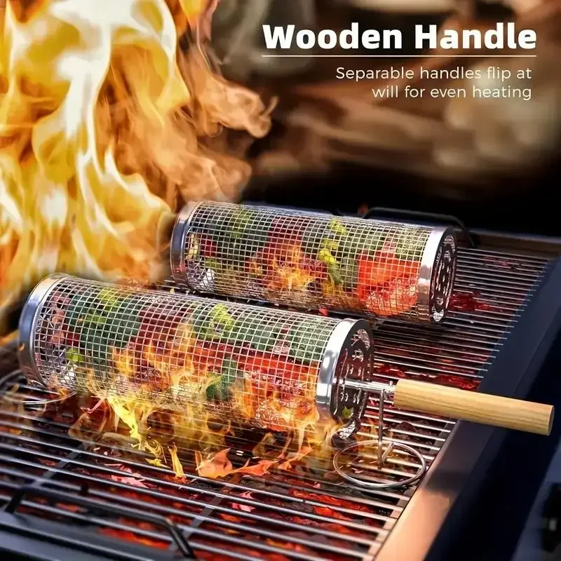 Rundes Grillkorb-Set, Rollender Edelstahl-BBQ-Käfig, Drahtgeflecht-Zylinder-Grillrost, Unverzichtbar für Outdoor-Camping Image