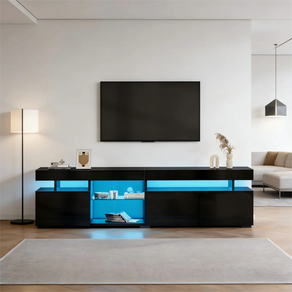 Grand meuble TV, meuble bas, meuble TV brillant avec 3 portes, étagères réglables en verre trempé, noir
