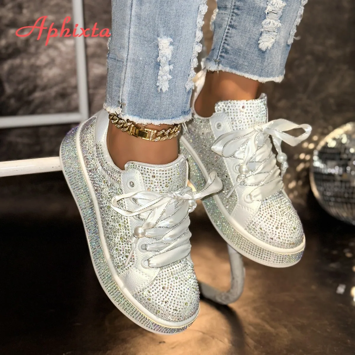 Aphixta Pailletten Tuch 3,5 cm Plattform Benutzerdefinierte Casual Schuhe Luxus Kristall Hohe Qualität Frau Schuhe Mode Damen Schuhe Größe 43