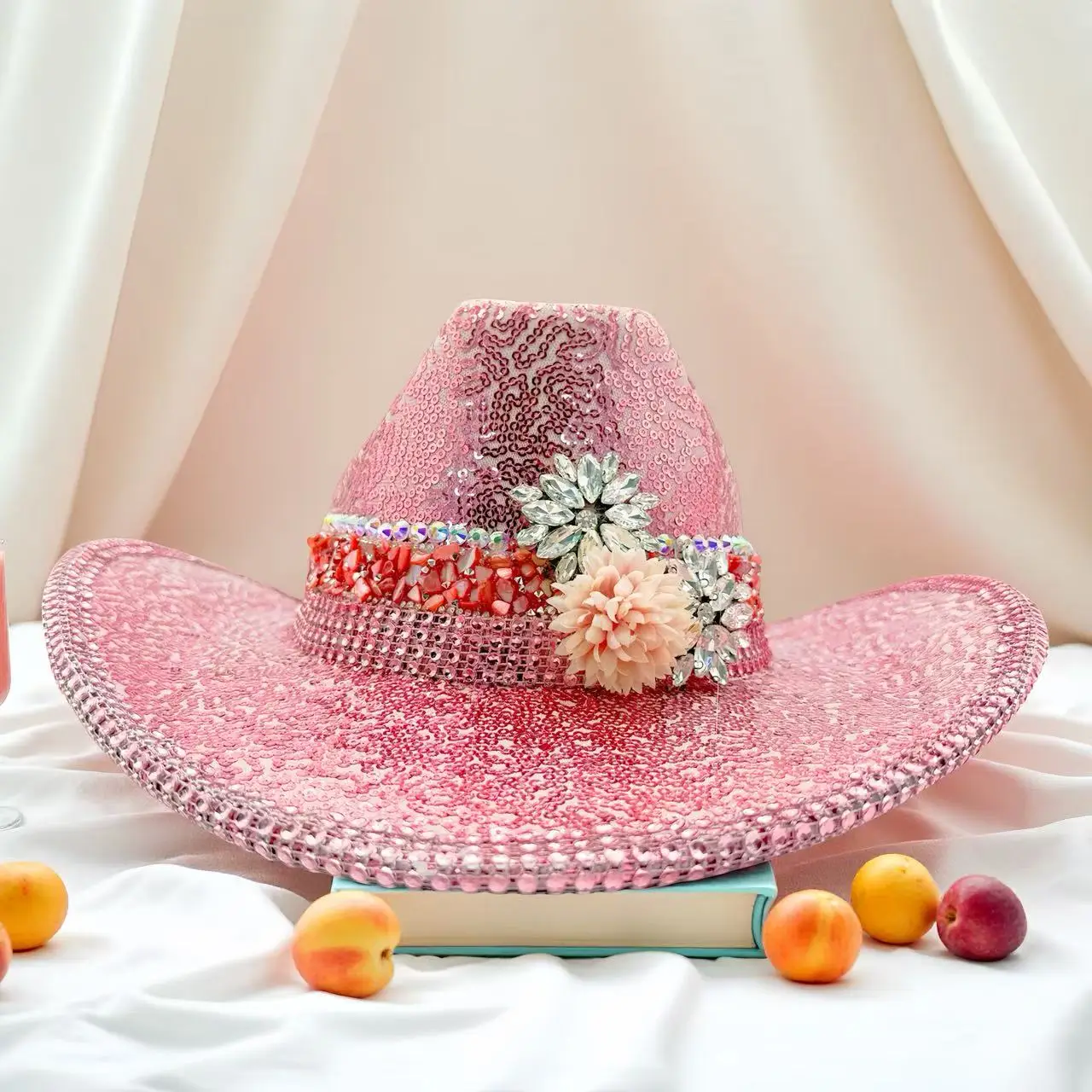 HongLuan Western Rosa Luxus Cowboyhut mit Strass für Cowgirl-Kostüm, Cowboyhüte für Frauen & Cowboy-Accessoires für Männer