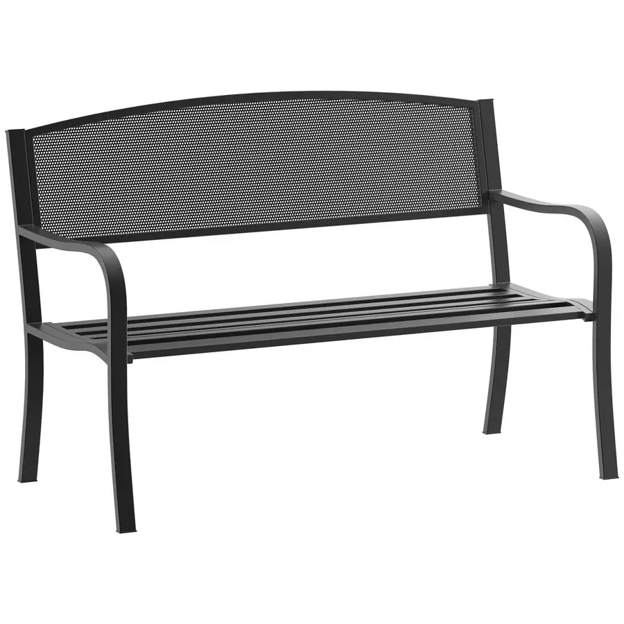2 Seater Metal Garden Bench Garden Park Porch Chair Outdoor Patio Loveseat Seat Mesh Net Backrest Black