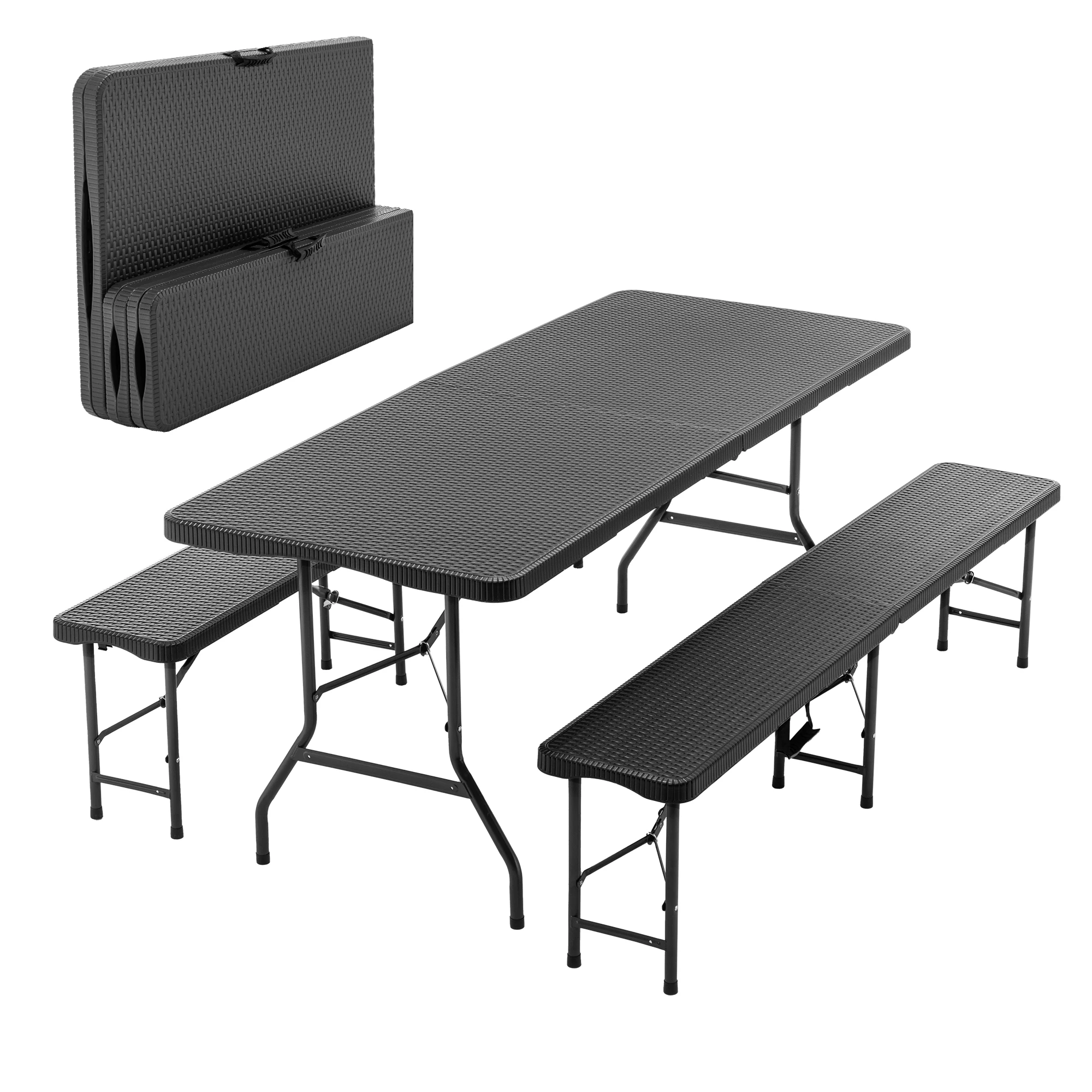 1,8m Klappbarer Picknicktisch mit 2 Bänken, 3-teiliges Camping-Set, HDPE-Tischplatte mit Baummuster, Sicherheitsverriegelung, UV- und wasserfest, Schwarz Image