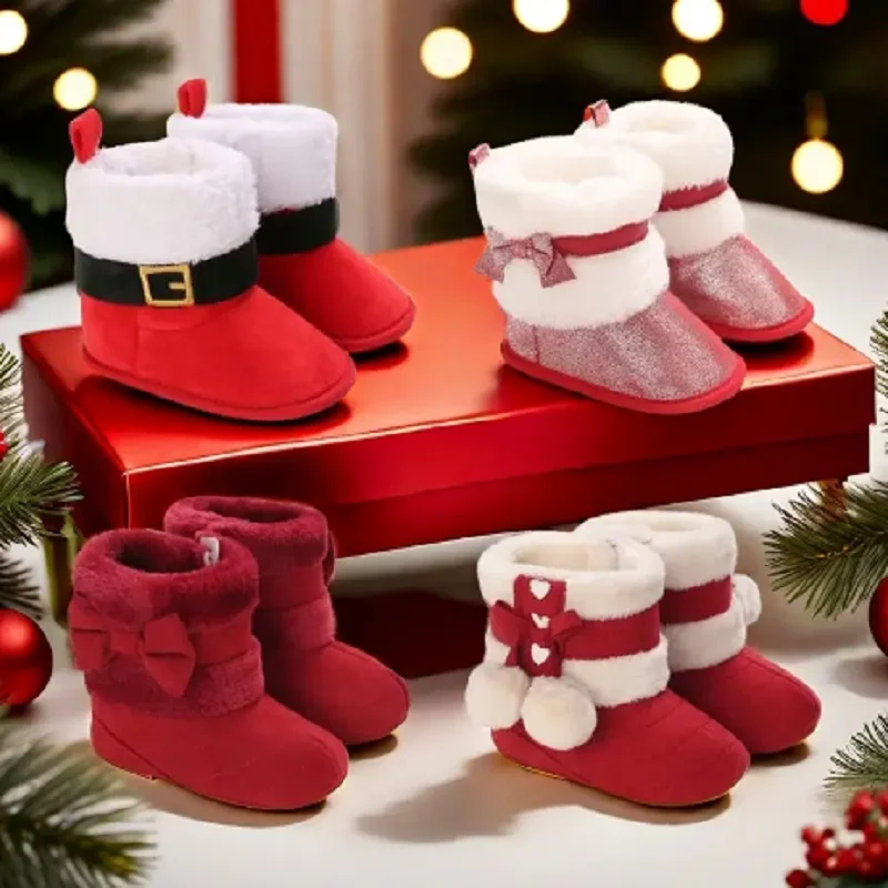 HAIZHIW Weihnachtsthema 0-18 Monate Neue Babyschuhe Stiefel für Mädchen Baby First Walker plus warme Fleece-Baumwollschuhe Image