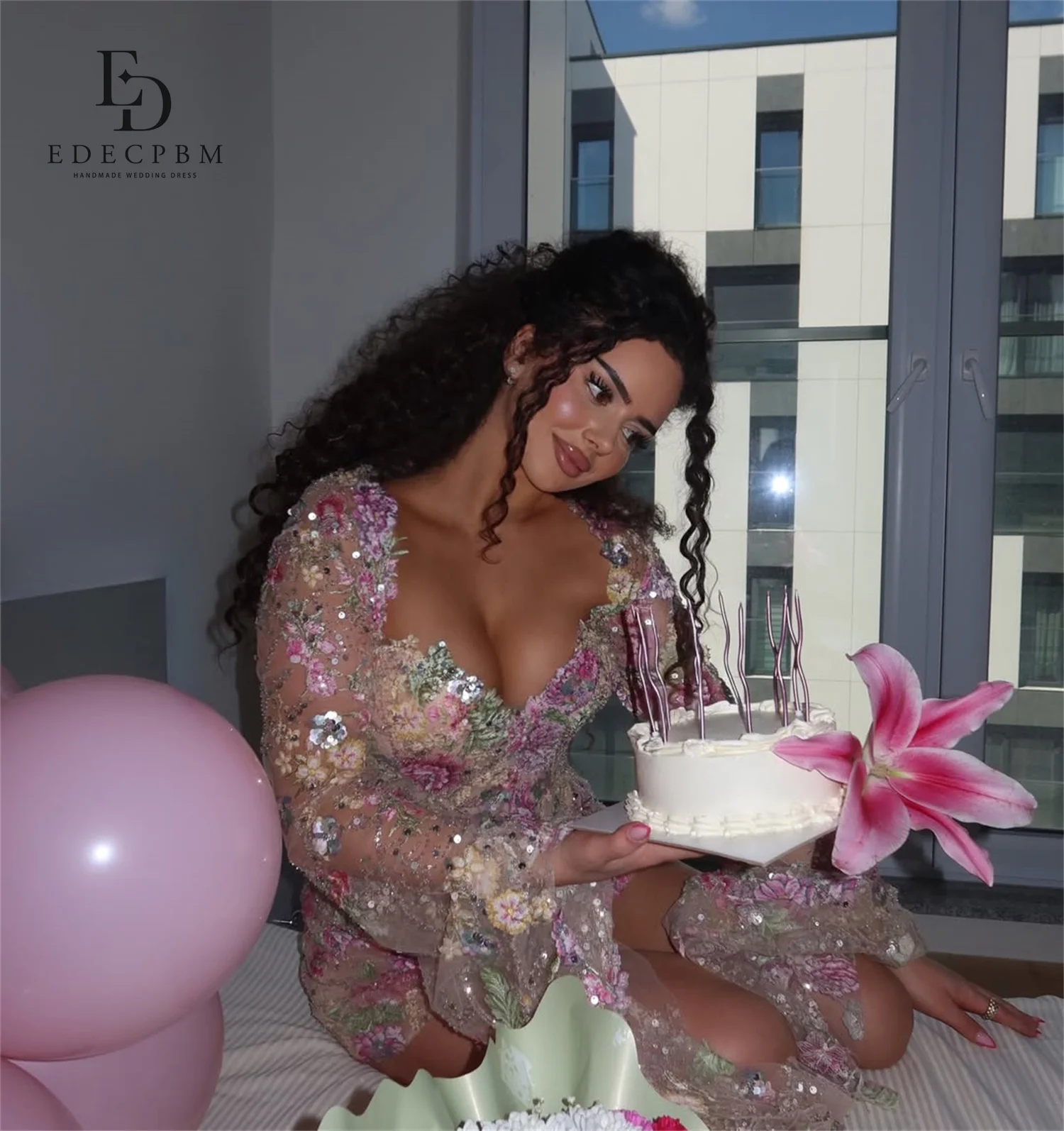 ED Tulle V-Neck Pink A-Line Cocktail Dress 2026 Prom Dress Full Sleeve Flowers Sequin Birthday Party Gown Customized