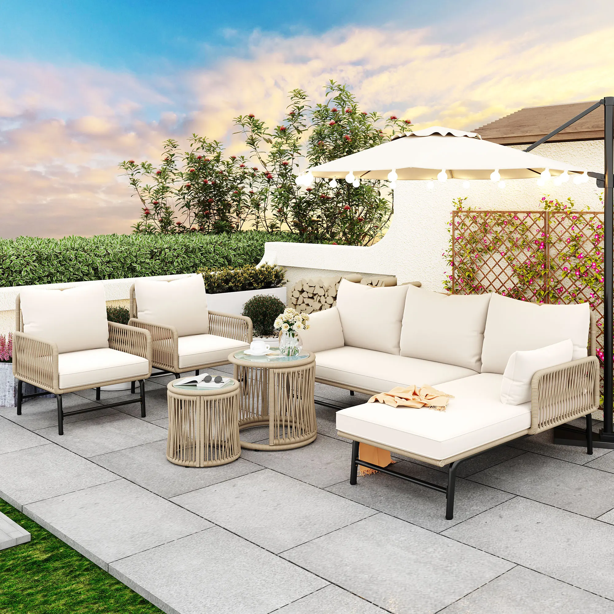 Garten-Lounge-Set, Gartenmöbel-Set, mit Eisenrahmen und beigem Seil, geflochtenes Seil-Gartenmöbel-Set, Beige, zwei Sessel Image
