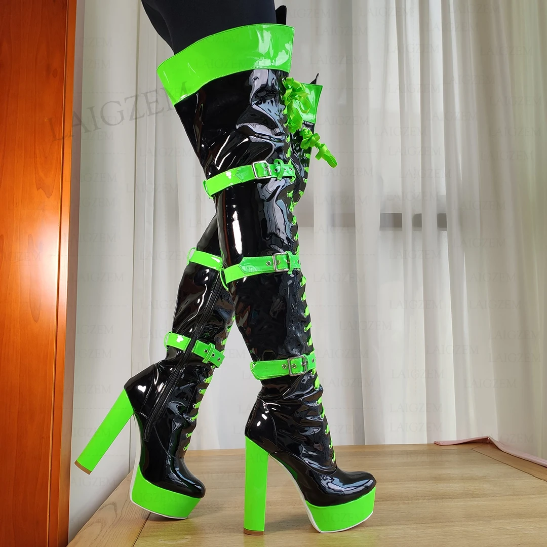 Laigzem Frauen über Knie Stiefel Seite Reiß verschluss Plattform dicke High Heels Stiefel Schnalle Riemen hand gefertigte Schuhe Frau Größe 41 44 47 52