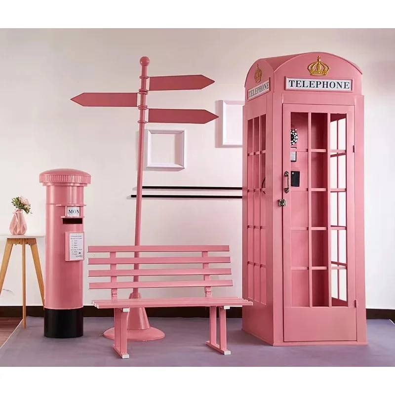 custom.Telephone Booths with Mailbox 5-piece Set Wedding Decor Custom Pink Floral London Telephone Booth