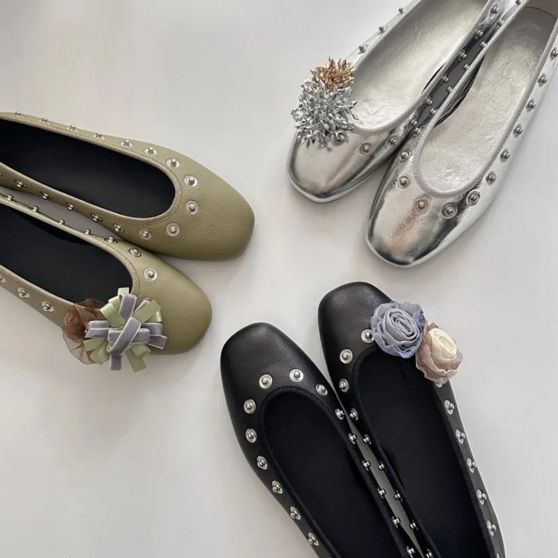 DIY Floral Decor Druckknopf Ballerinas Schuhe Frauen Karree Flach Pu Leder Mary Jeans Schuhe Damen Casual Faulenzer