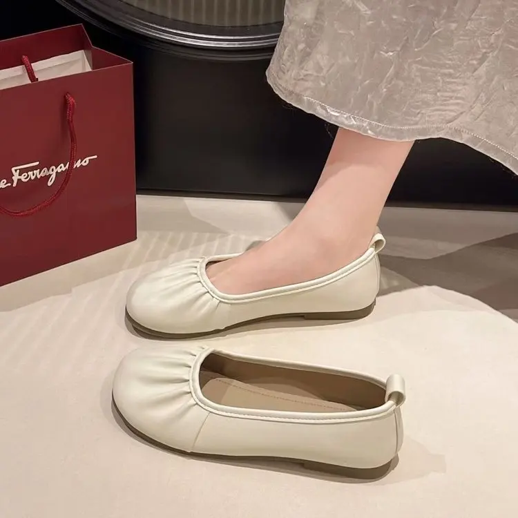 Cloud Ruched Ballet Flats for Women Round Toe Soft Leather Memory Foam Insole Non Slip Lightweight Office Daily Walking Shoes