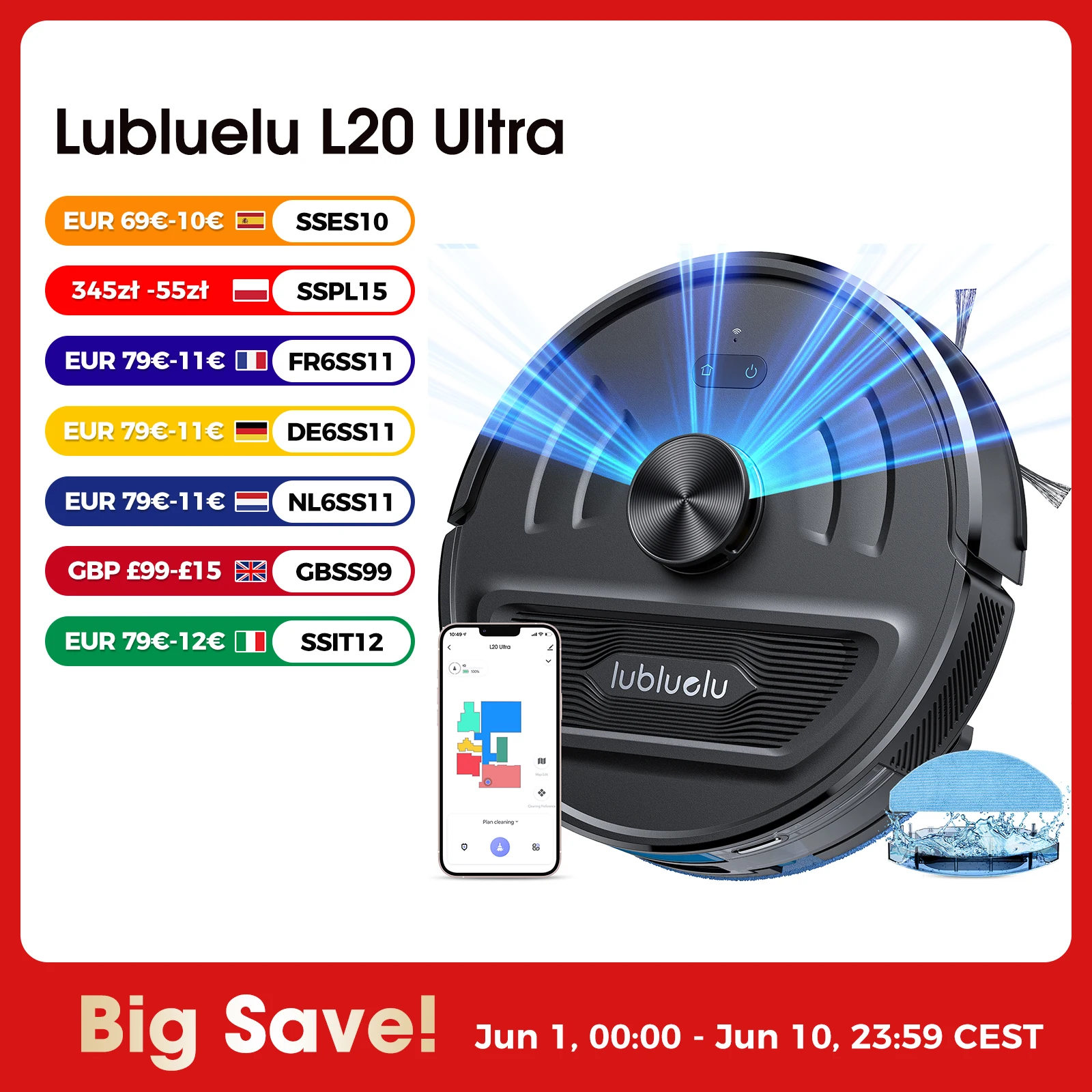 Lubluelu L20Ultra Selbstentleerender 3-in-1 Roboter-Staubsauger mit Wischfunktion, 6000Pa Saugkraft, LiDAR-Navigation, Großem Staubbehälter, Freihändig, 120min Laufzeit Image