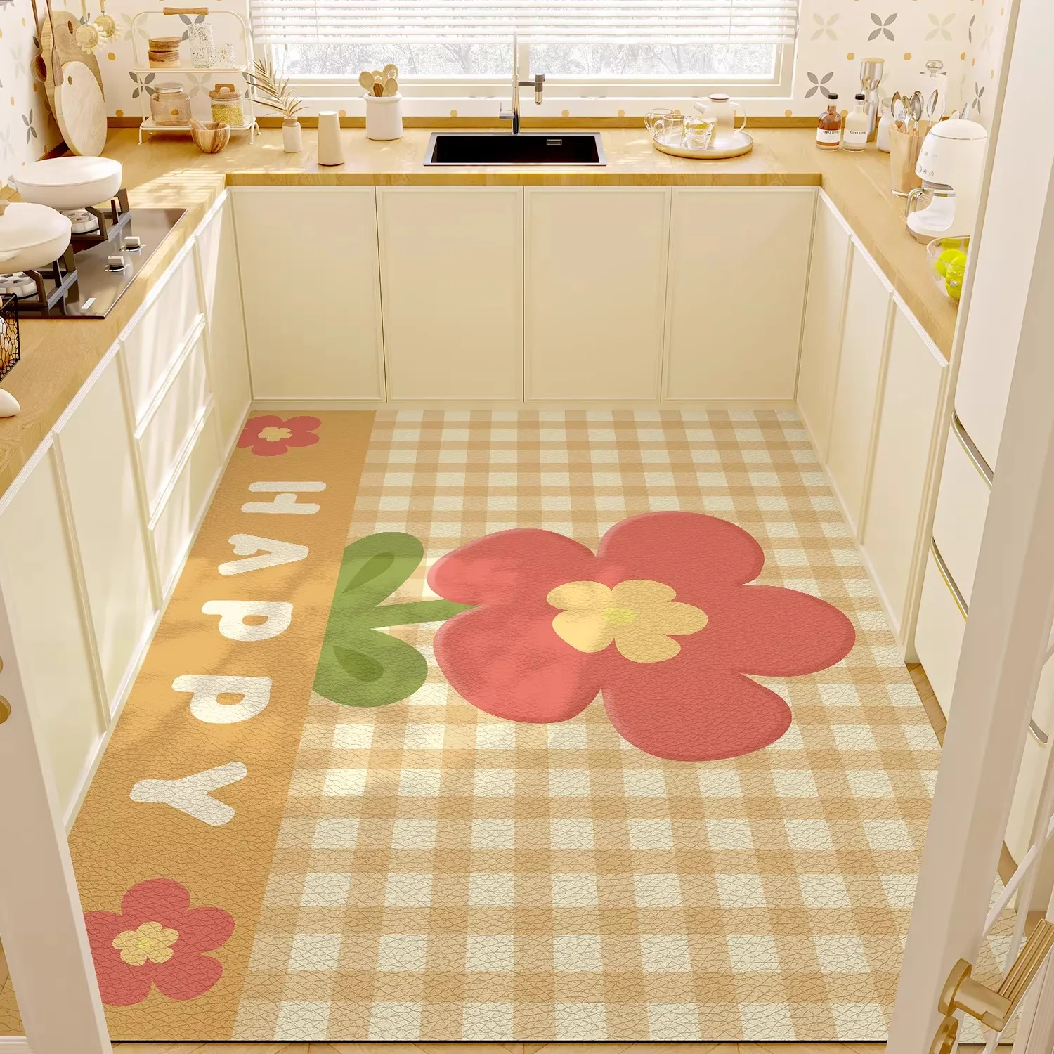Kitchen Floor Mat Waterproof Anti-slip Carpet Large Size Full-coverage Rug PVC Leather Oil-proof Carpets Floral Patterned Rugs