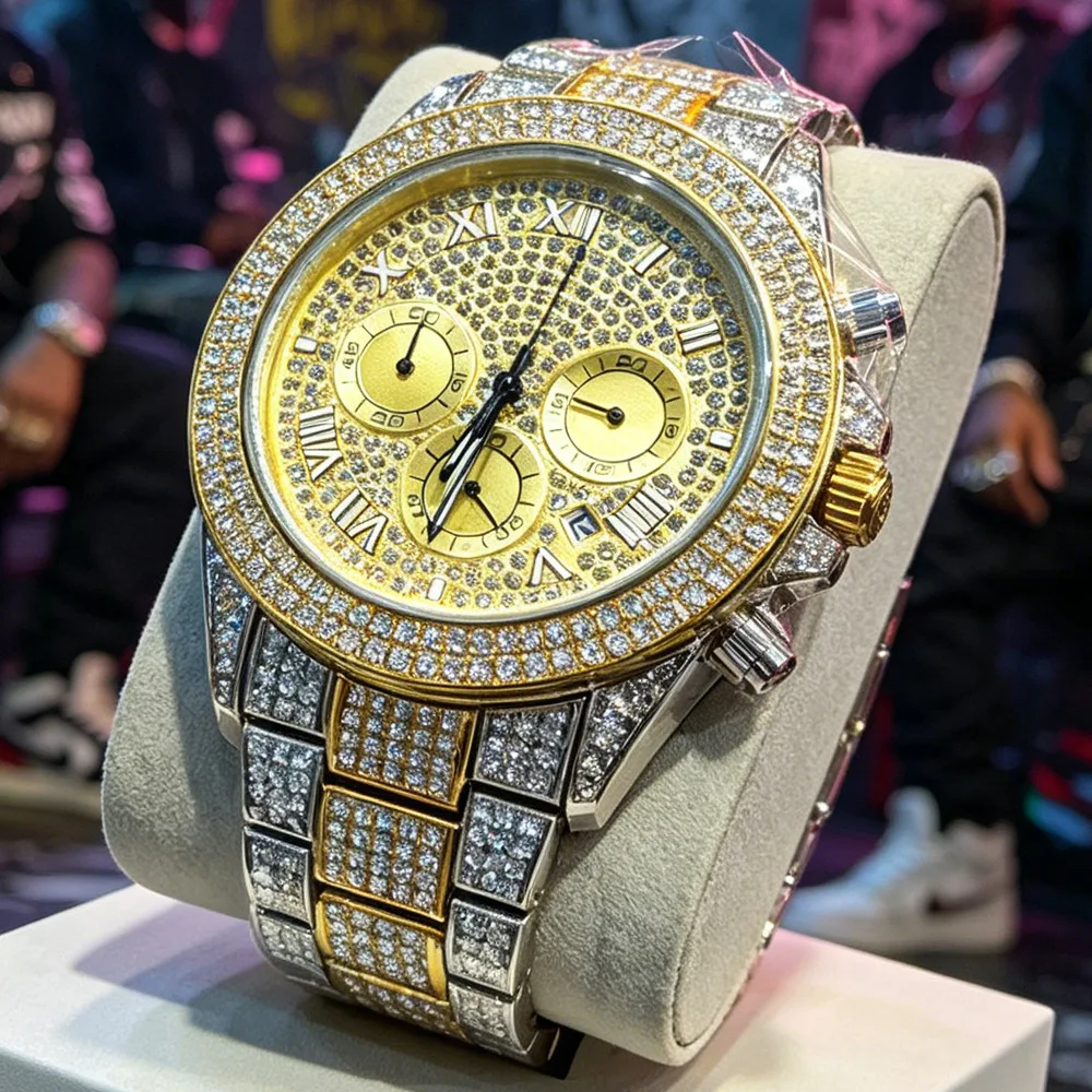 Ohne Logo Silber Gold Voll Diamantbesetzte Hip-Hop Iced Out Bling Quarz-Uhr Herren Mode Heiße Marke AAA-Uhr Herrenschmuck Dropshipping