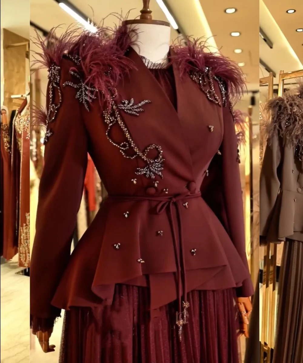 Customized Intricate Jersey Sequined Pattern Feather A-line V-neck Long Bespoke Occasion Celebrity Dresses Pastrol