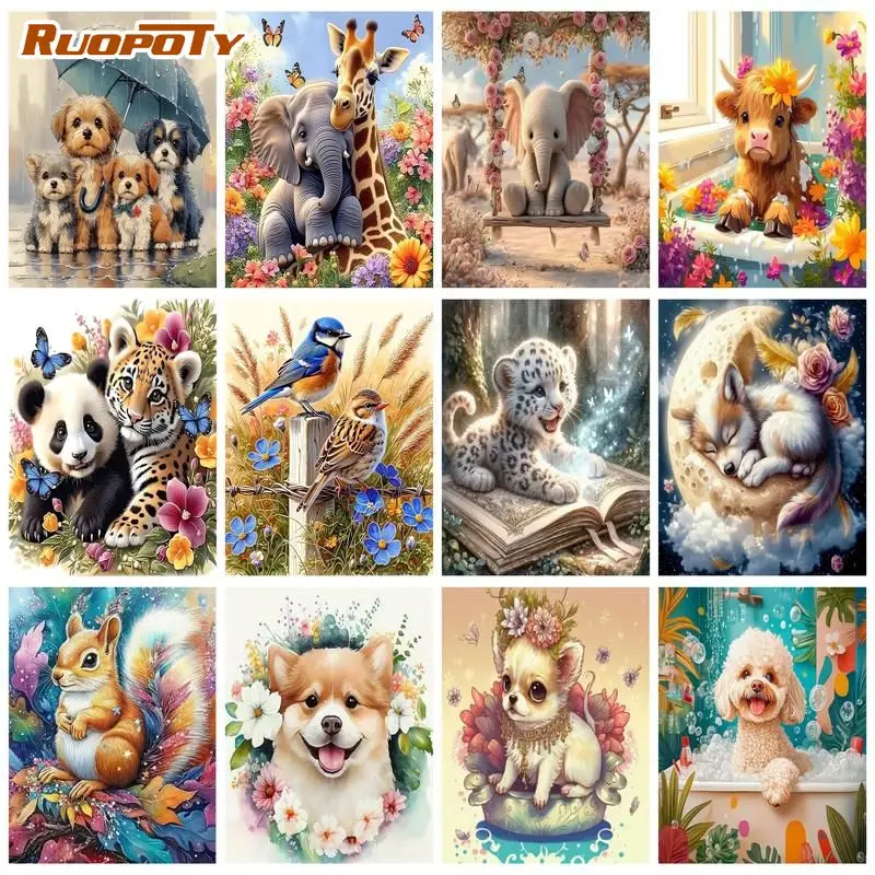 RUOPOTY Badezimmer-Welpen-Malen-nach-Zahlen-Set, DIY-Farbe-nach-Zahlen-Set für Anfänger, abstraktes Tiermotiv für Erwachsene, Leinwandmalerei Image