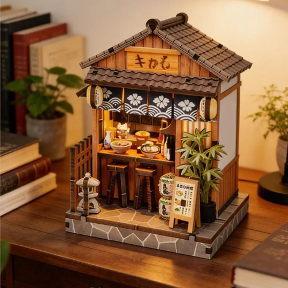 DIY Holz-Miniatur Japanische Taverne Puppenhaus mit LED-Beleuchtung Bücherregal für Geburtstagsgeschenke Heimdekoration Bastelarbeiten Image