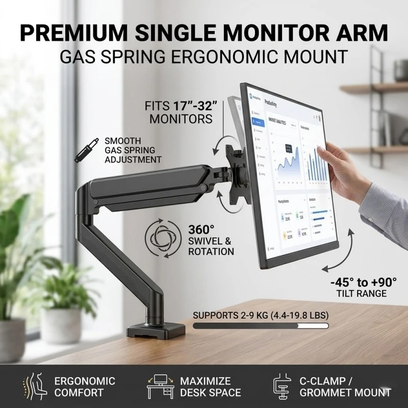 Universeller Verstellbarer Einzelmonitor-Tischständer Computerhalterung 32 Zoll 19,8 lbs Bildschirm Schwarz Image