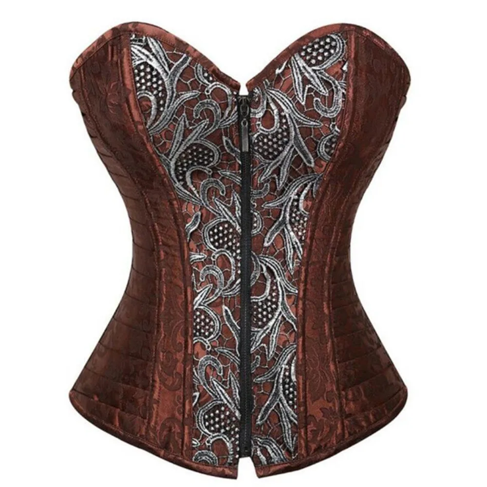 Frauen Lace Up Korsett Reißverschluss Floral Gothic Bustiers Tops Braun Brokat Vollbrustkorsetts Sexy Punk Burlesque Mieder