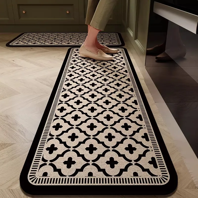 Kitchen Floor Mat Stain-Resistant Non-Slip Durable Carpet Luxurious Black Striped Rug Long Size Rugs Retro Home Decor Carpets