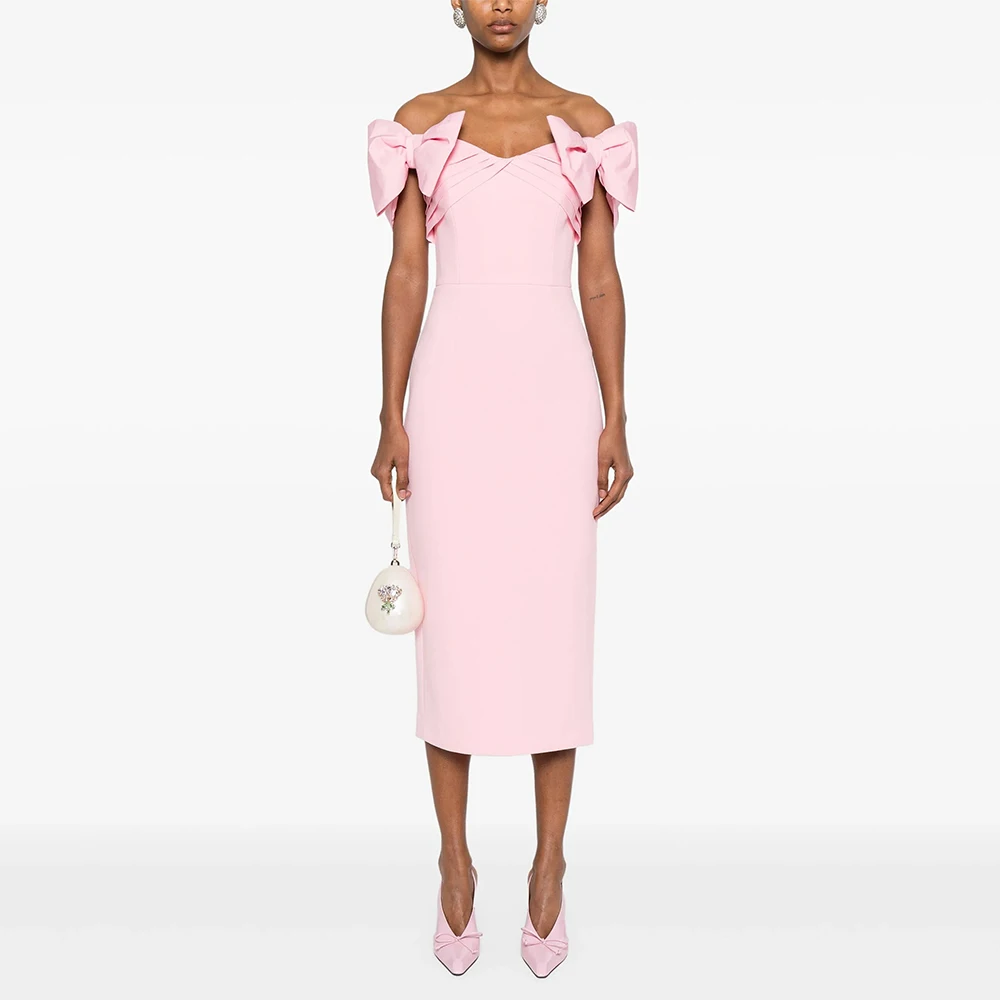 Customized Column Cocktail Dress Off the Shoulder Bows Tea Length Midi Cocktail Gowns for Women 2026 Sheath Simple Party Dresses