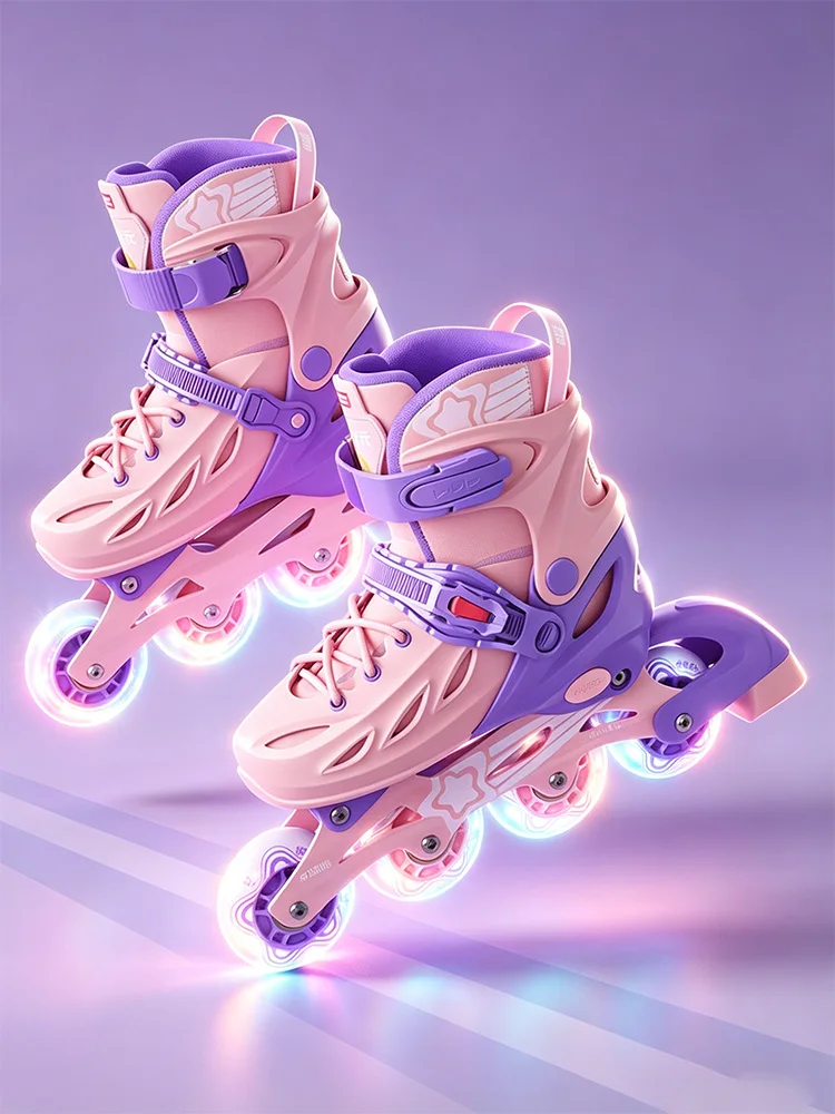 Neue LED-Leucht-Inlineskates, lila, für Mädchen, verstellbare Größe, schwarze Kinder-Sport-Rollschuhe, Hochgeschwindigkeits-Profi-Rollschuhe für Erwachsene
