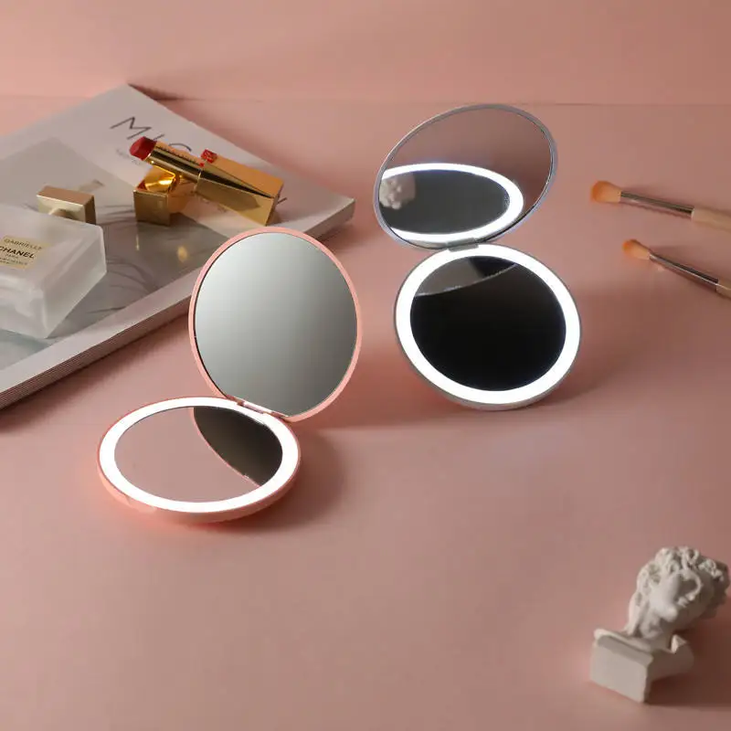 Mini specchio per il trucco con luce a LED, specchio compatto pieghevole a doppia faccia, specchio tascabile portatile con specchio cosmetico luminoso da viaggio